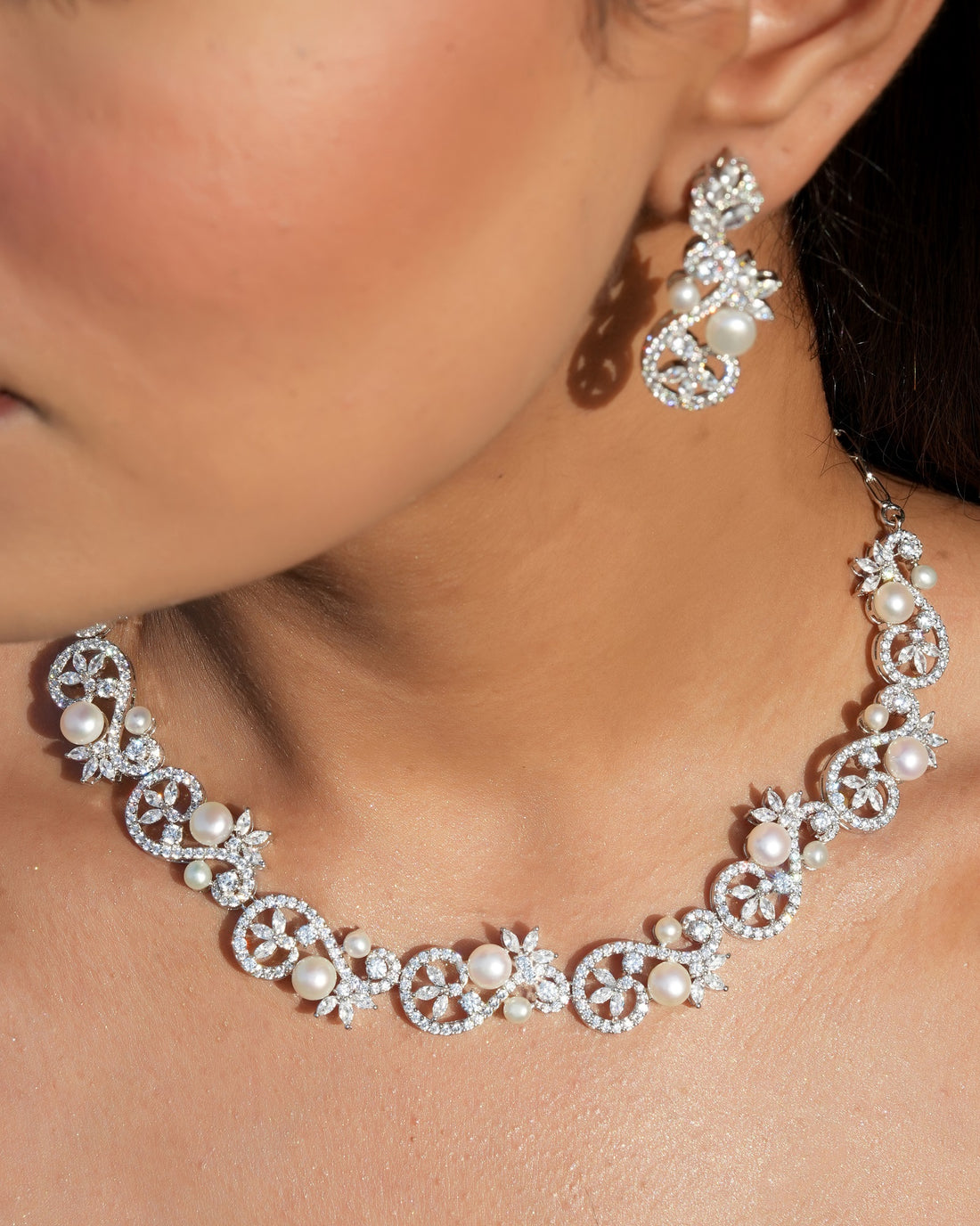 Aarna Sterling Silver Pearl Necklace set