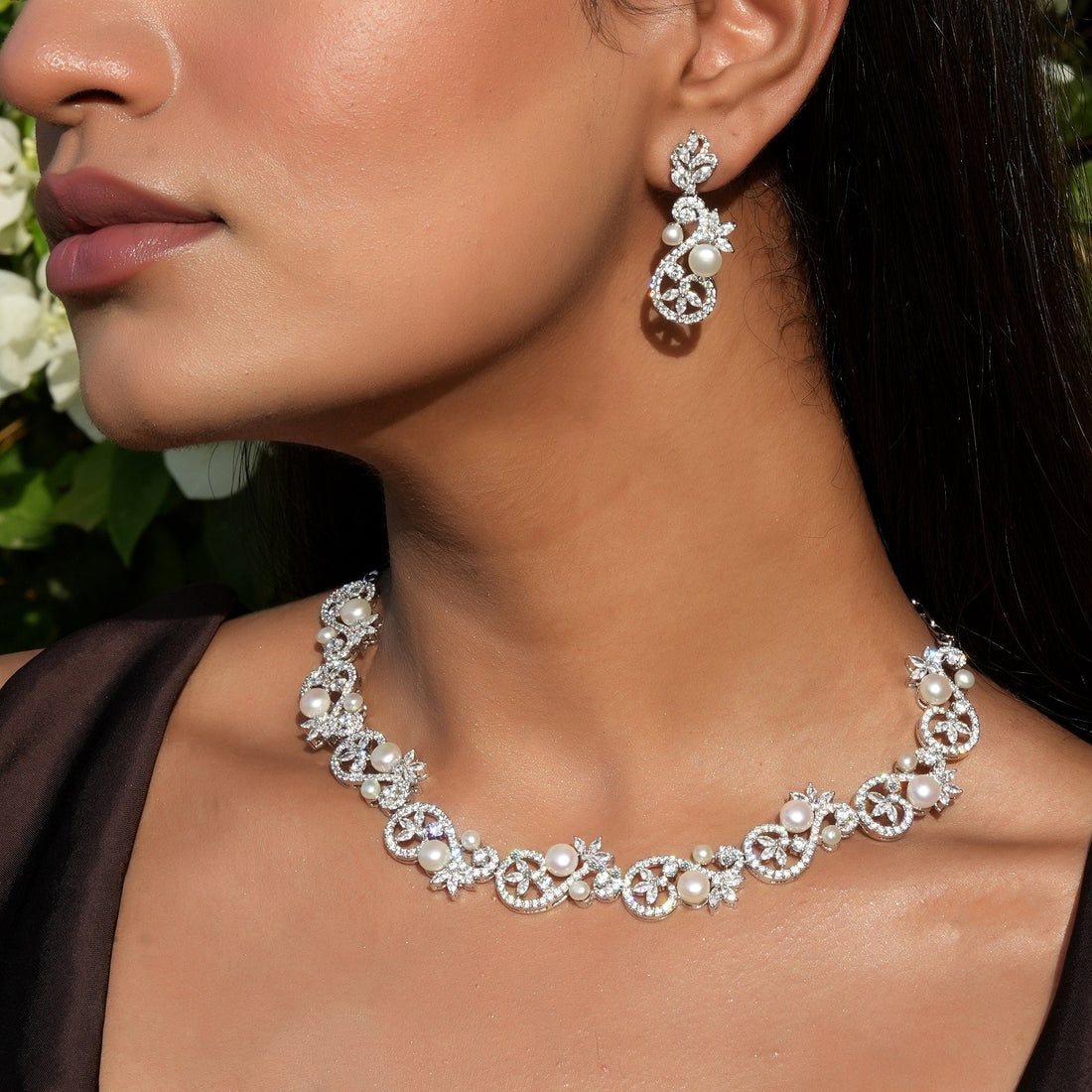 Aarna Sterling Silver Pearl Necklace set