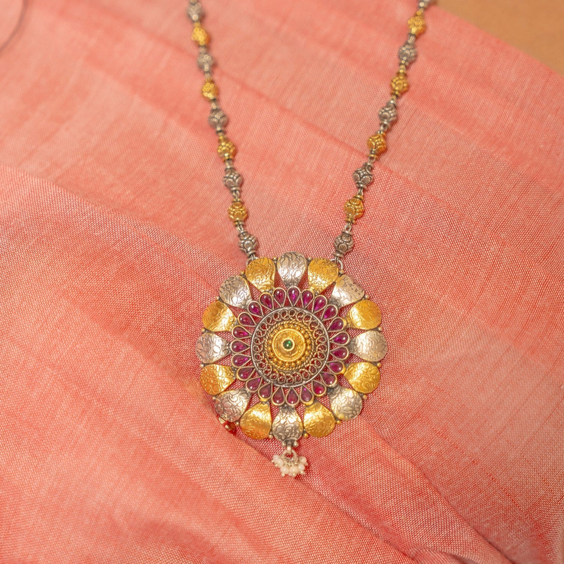 Vanya Silver with Touch Of Gold Plated Long Necklace Set