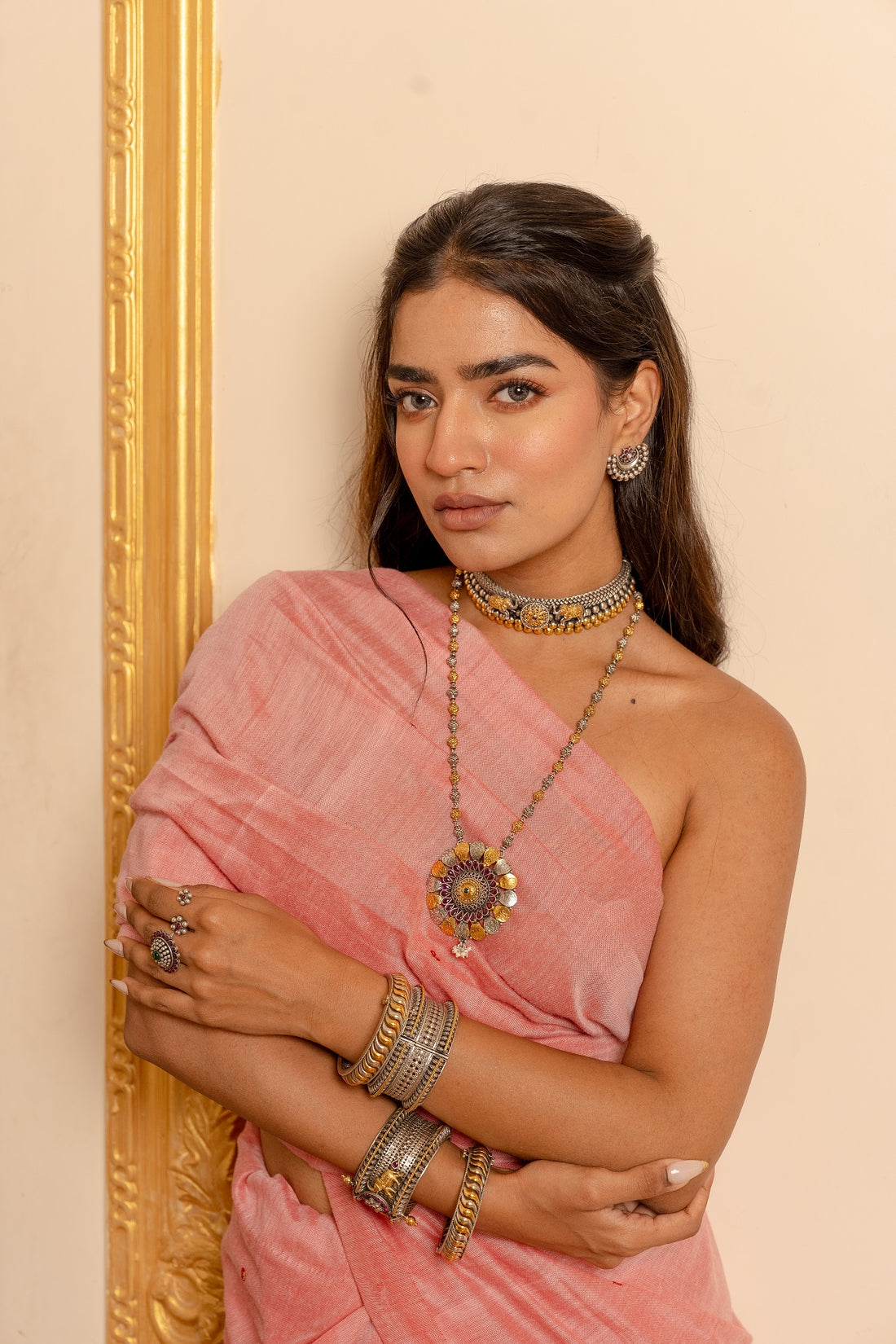 Vanya Silver with Touch Of Gold Plated Long Necklace Set