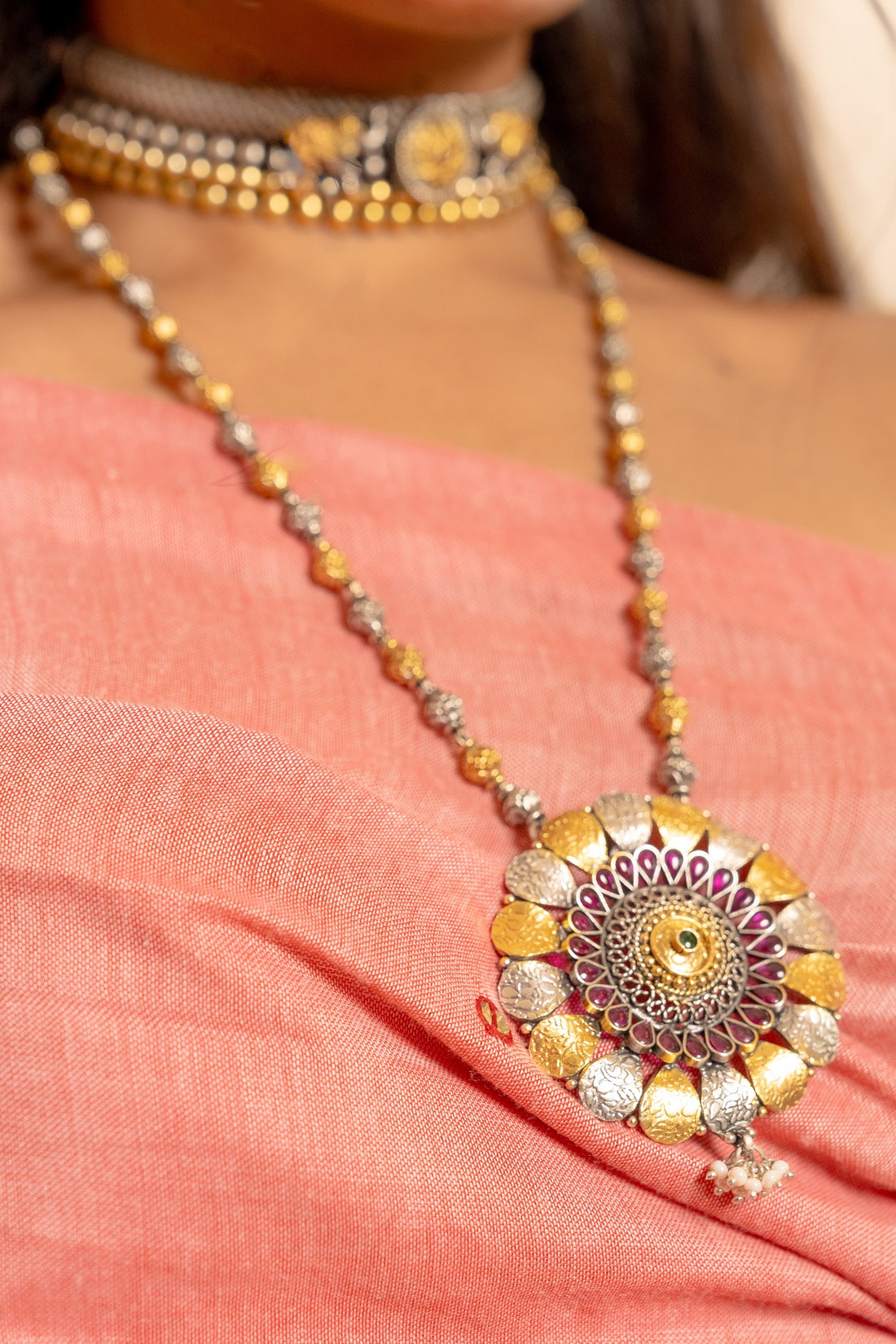 Vanya Silver with Touch Of Gold Plated Long Necklace Set