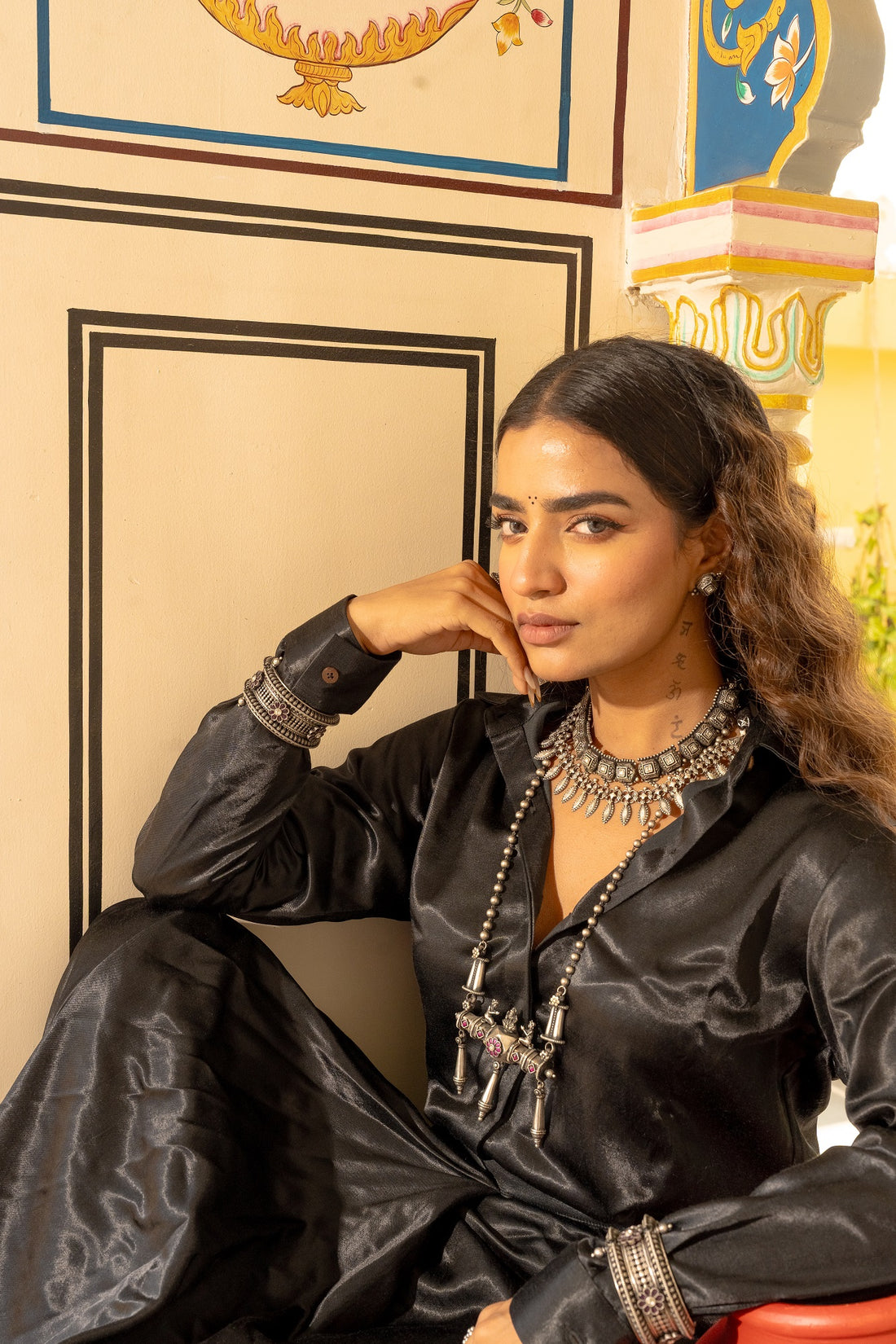 Aabha Silver Oxidised Tribal Long Necklace