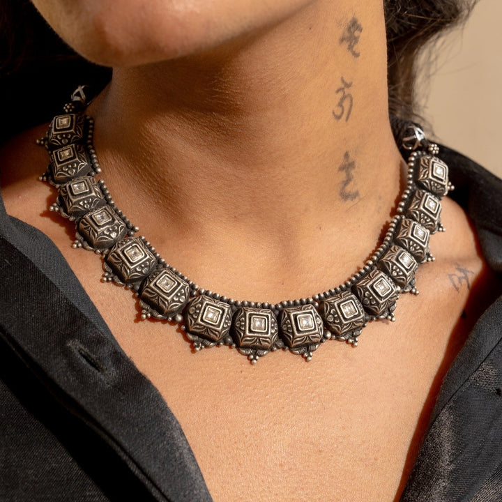 Dhoop Silver Oxidised Tribal Necklace Set