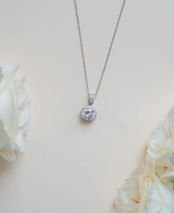 Round Cut CZ Charm Sterling Silver Chain Pendant