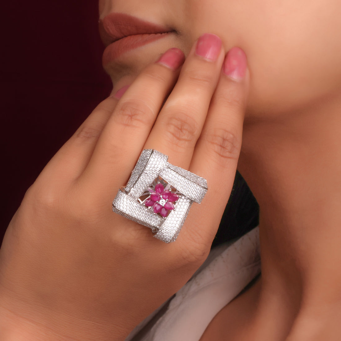 Pink Spark 925 Silver adjustable Cocktail Ring