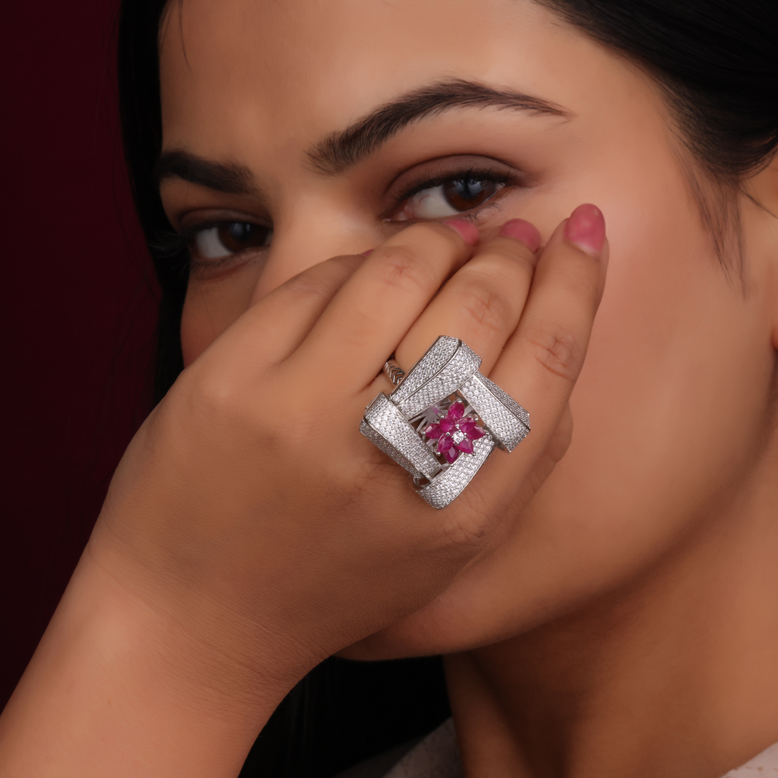 Pink Spark 925 Silver adjustable Cocktail Ring