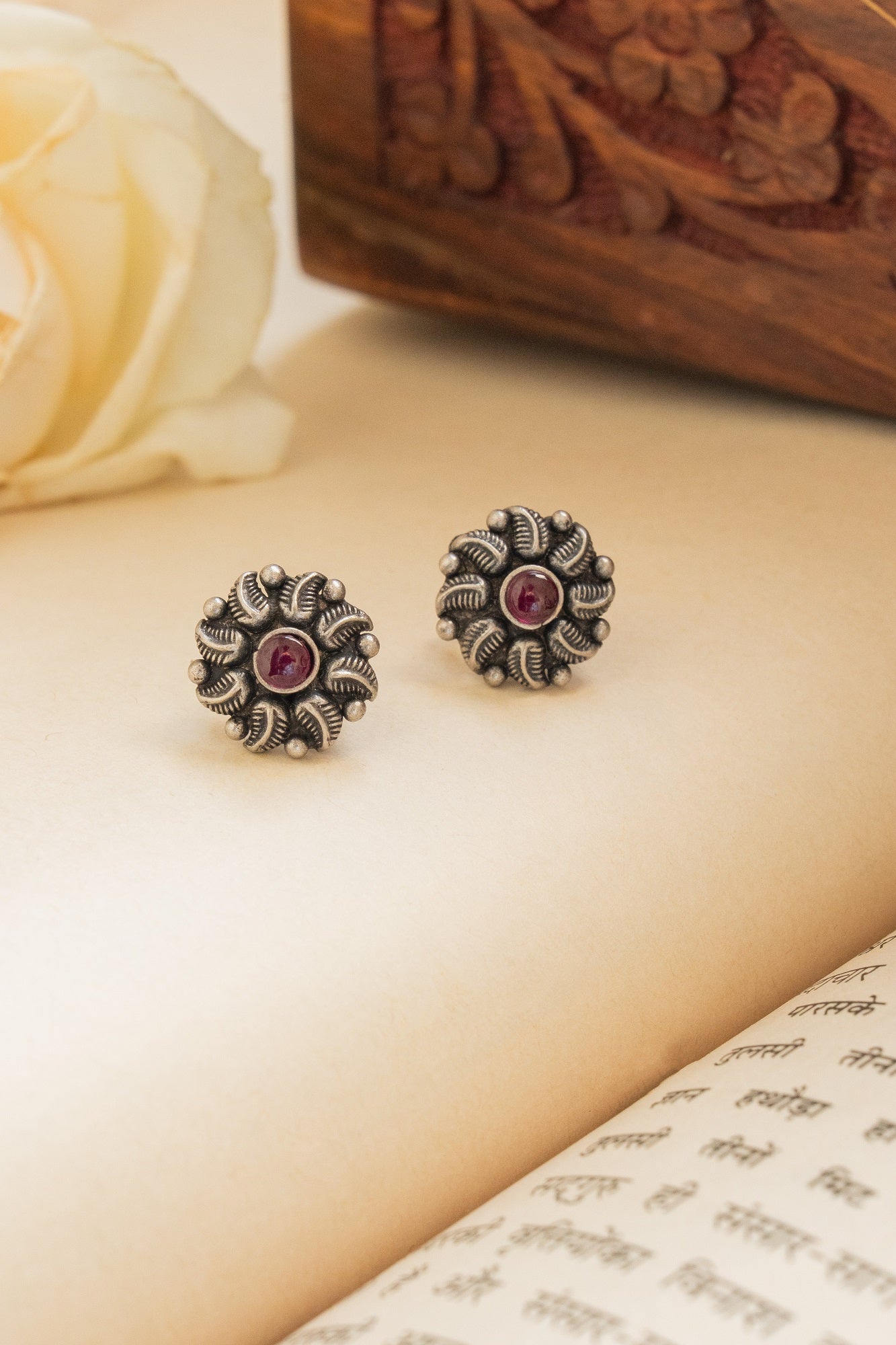Rajmoti Silver Oxidised Stud Earring