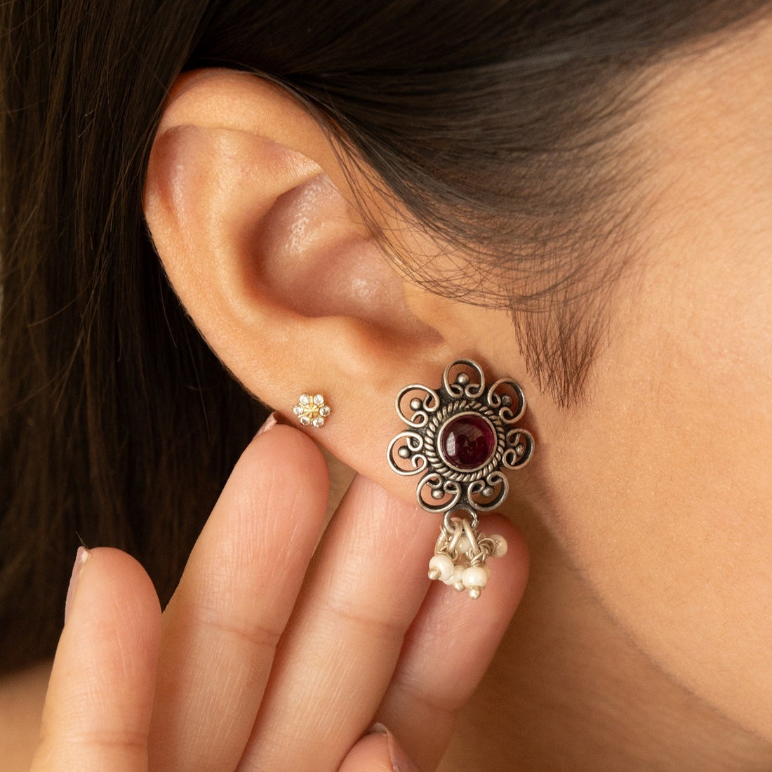 Prampra Oxidised Silver Stud Earring