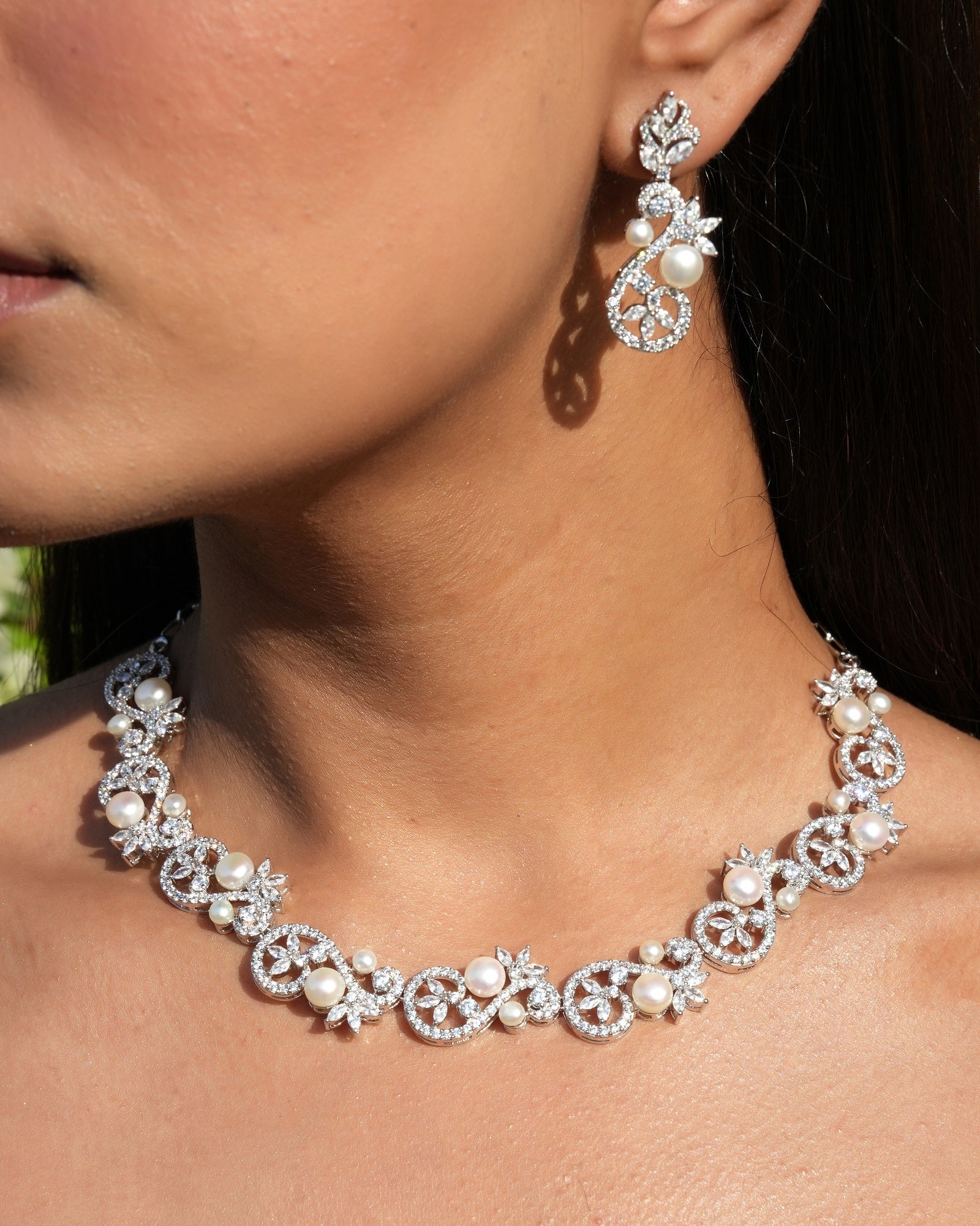 Aarna Sterling Silver Pearl Necklace set