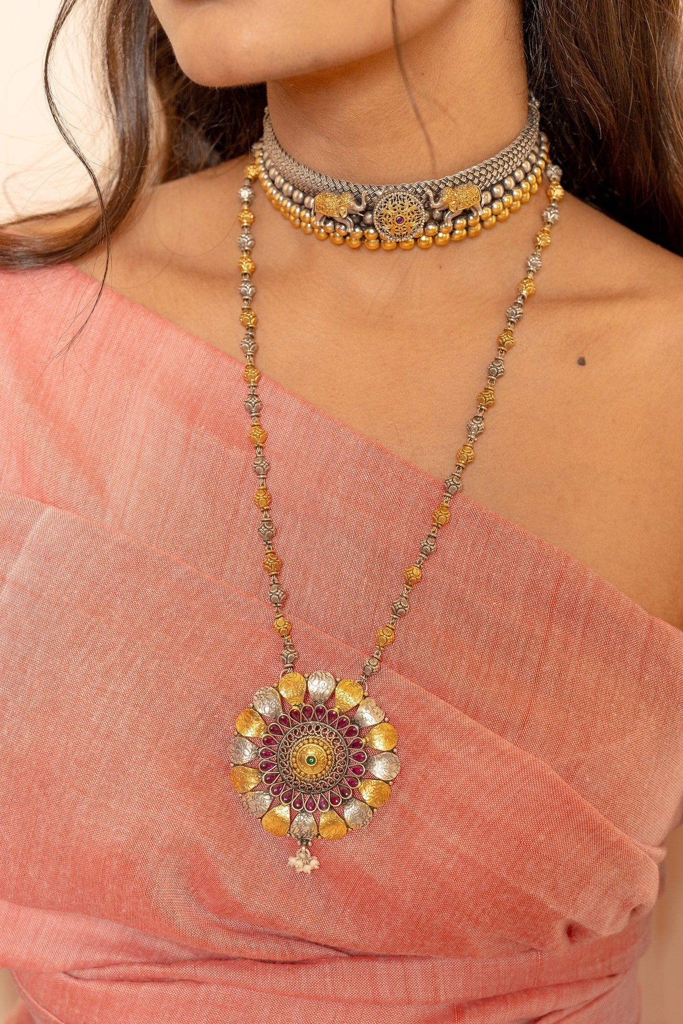 Vanya Silver with Touch Of Gold Plated Long Necklace Set