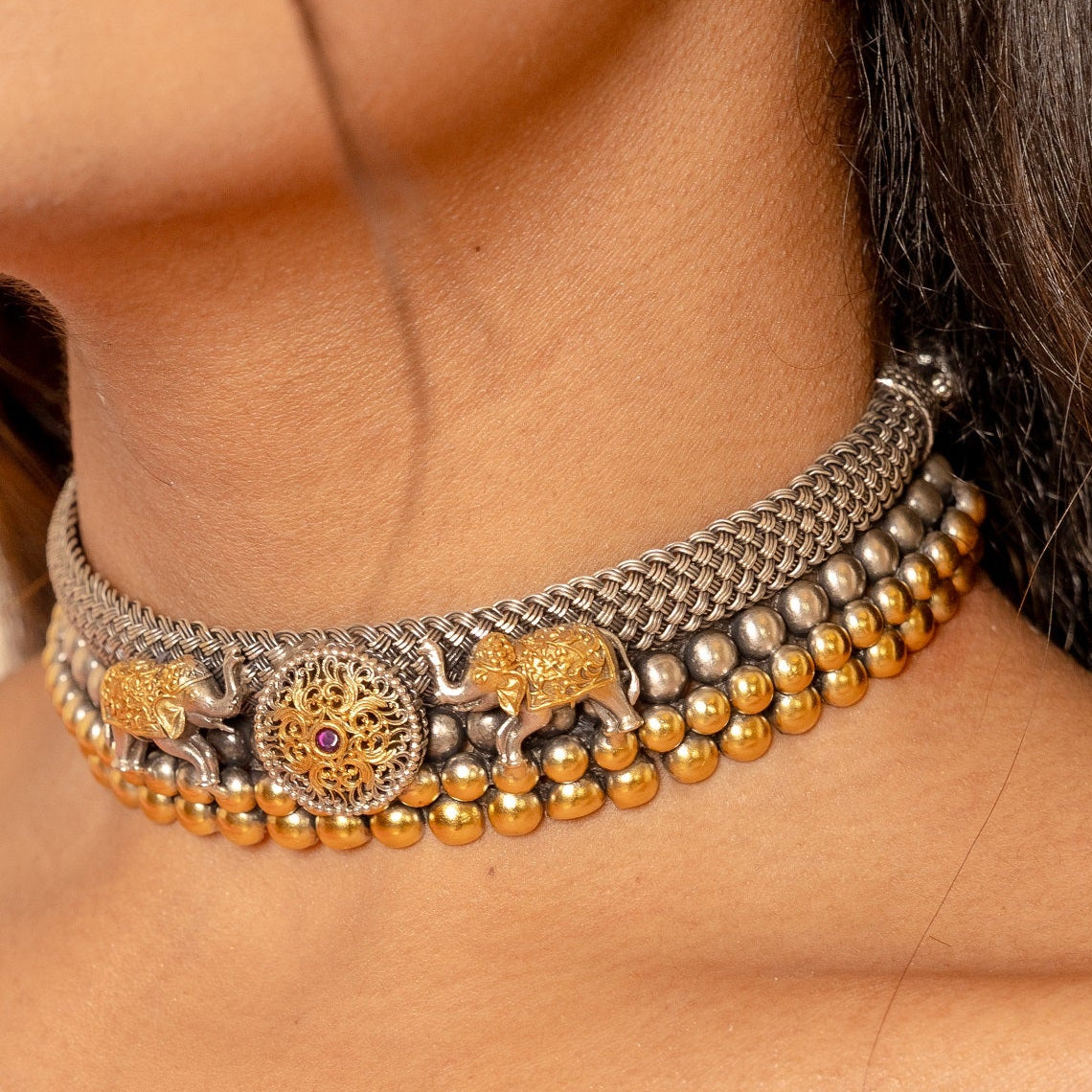 Yamini silver oxidised With Touch Of Gold Necklace