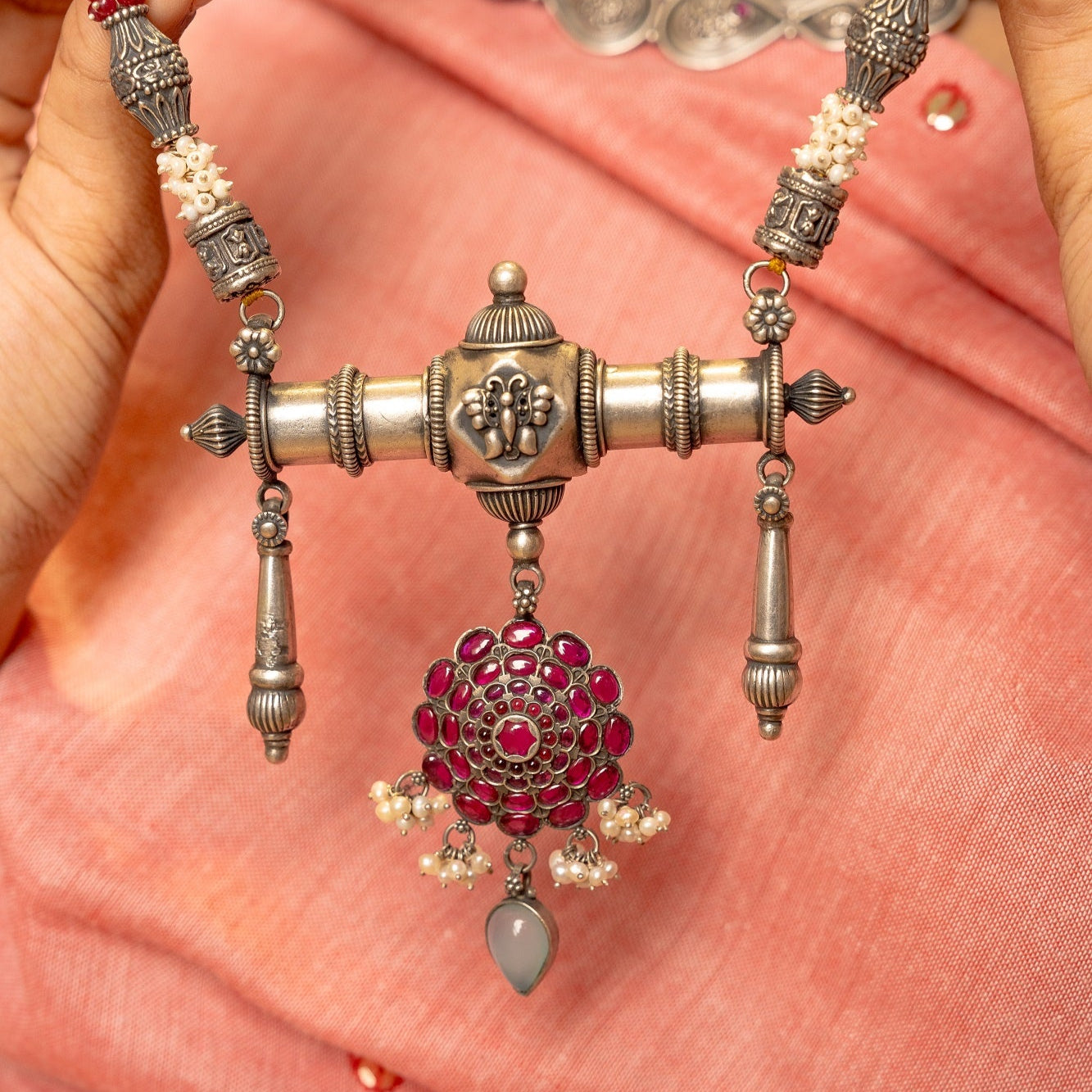 Grishma Oxidised Silver Traditional Long Necklace