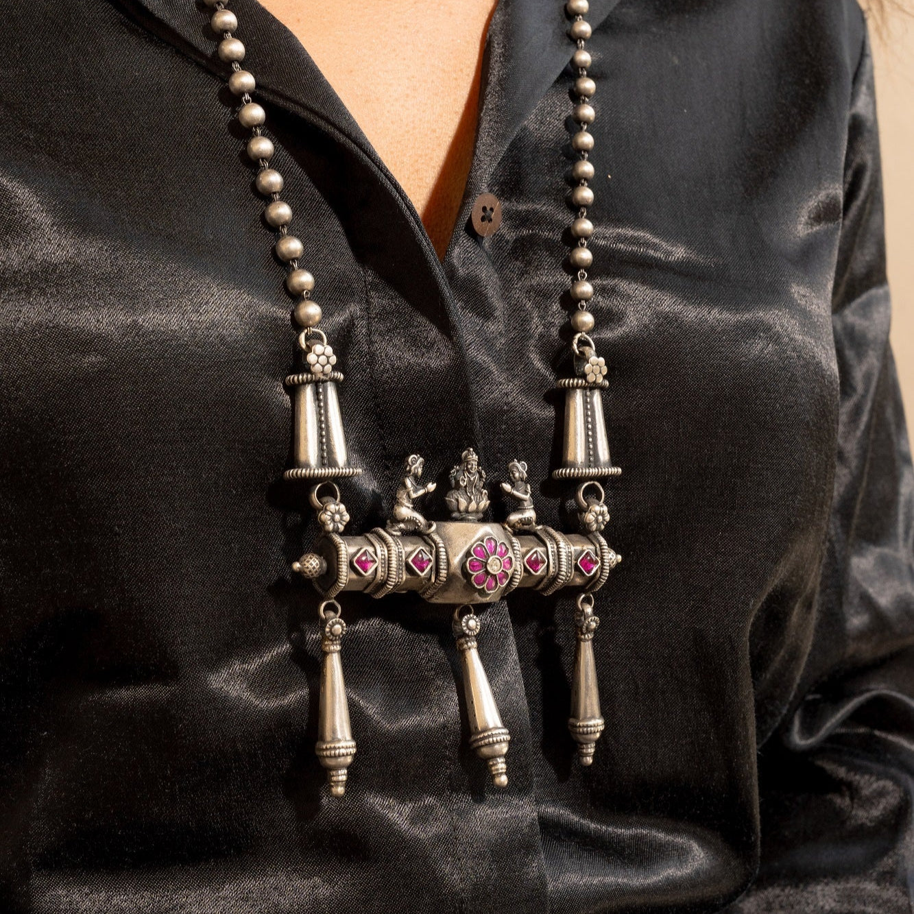 Aabha Silver Oxidised Tribal Long Necklace