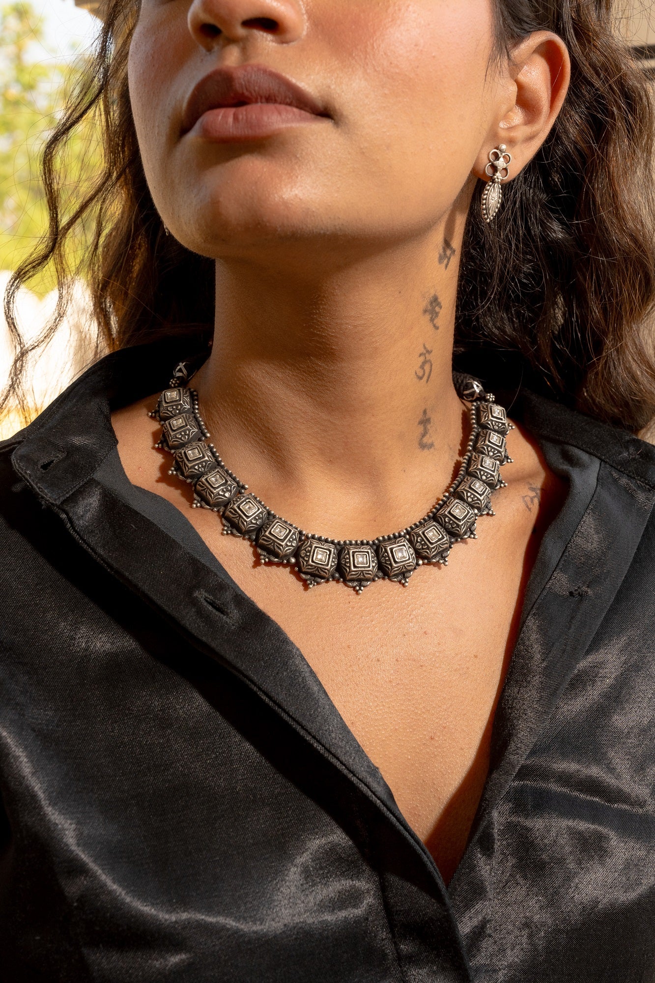 Dhoop Silver Oxidised Tribal Necklace Set