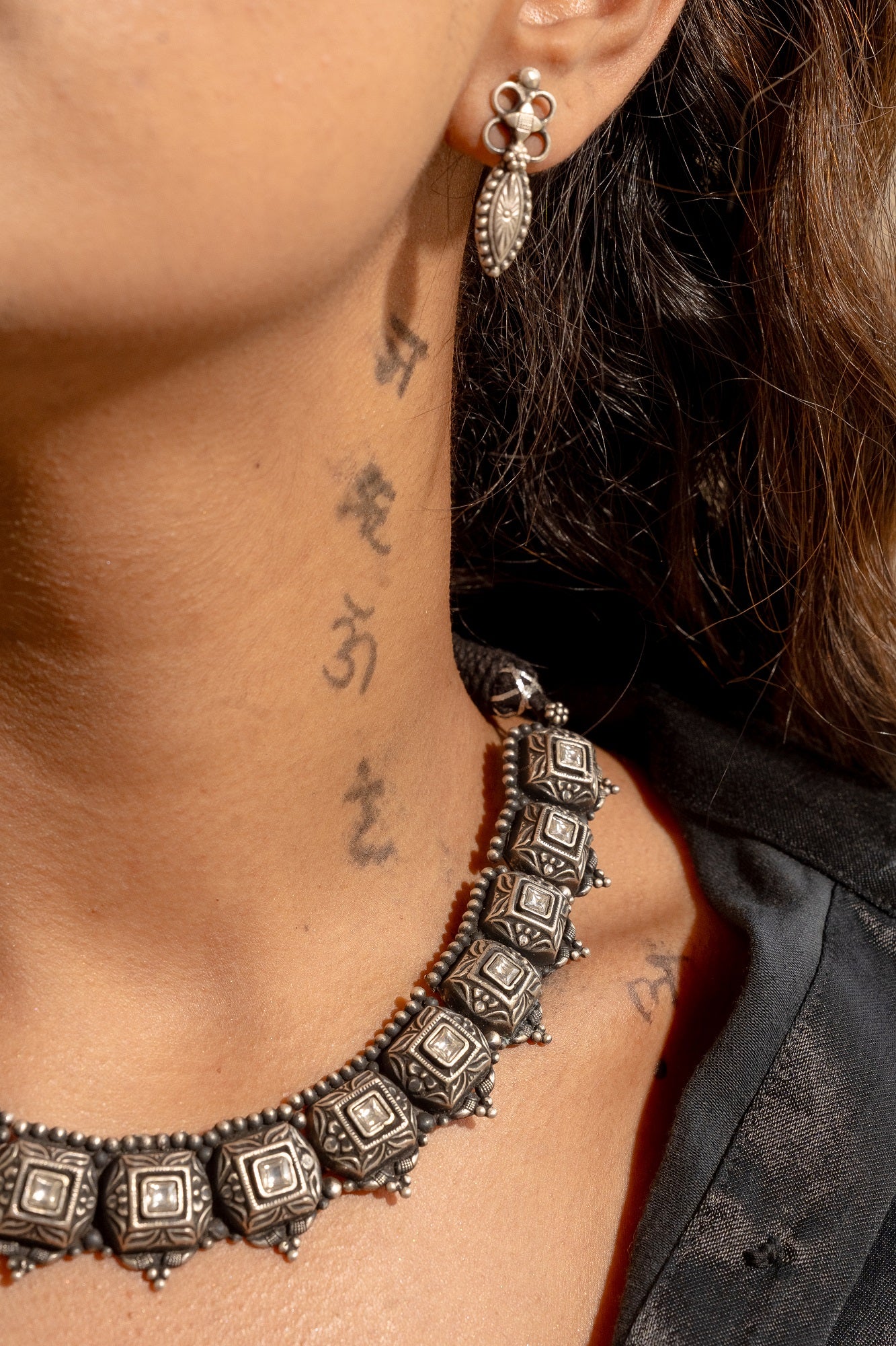 Dhoop Silver Oxidised Tribal Necklace Set