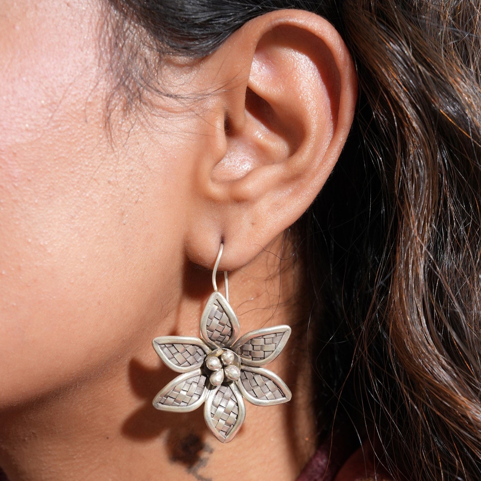 Phoolwari Silver Hook Earring