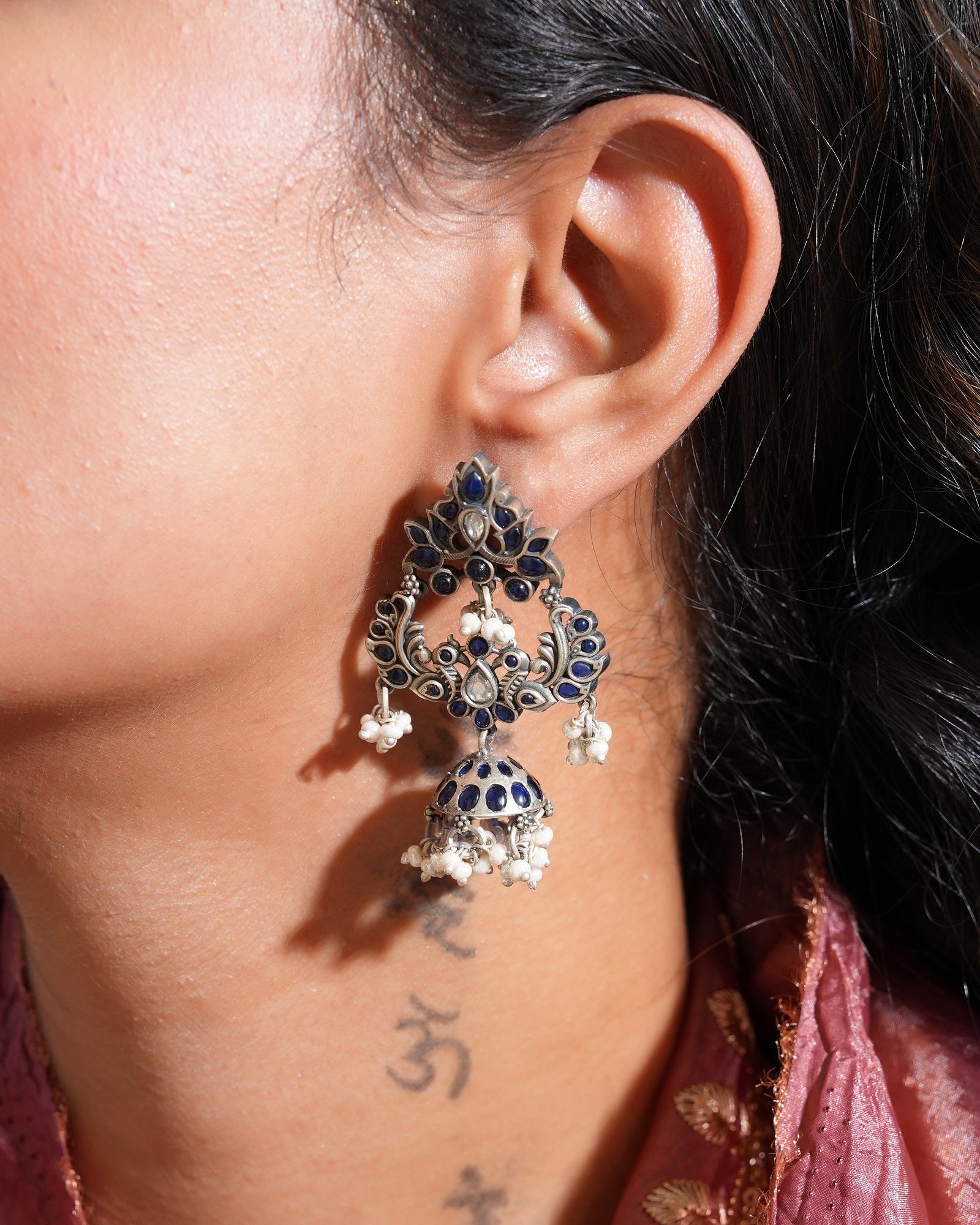 Kavya Motif Silver Statement Jhumka