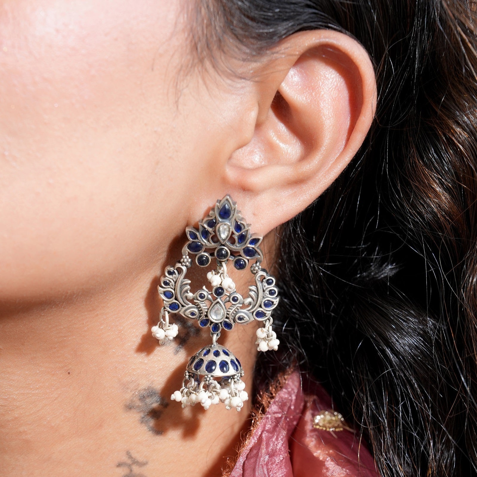 Kavya Motif Silver Statement Jhumka