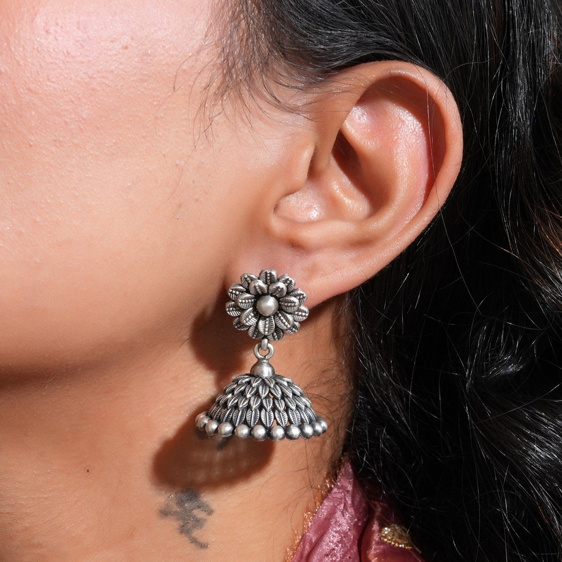 Indira Silver Oxidised Jhumki