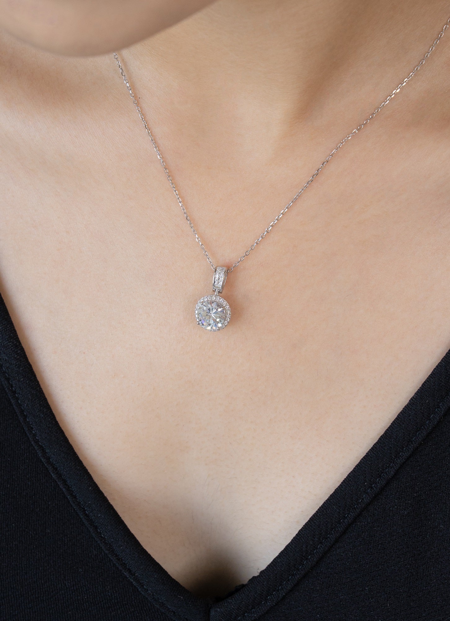 Round Cut CZ Charm Sterling Silver Chain Pendant