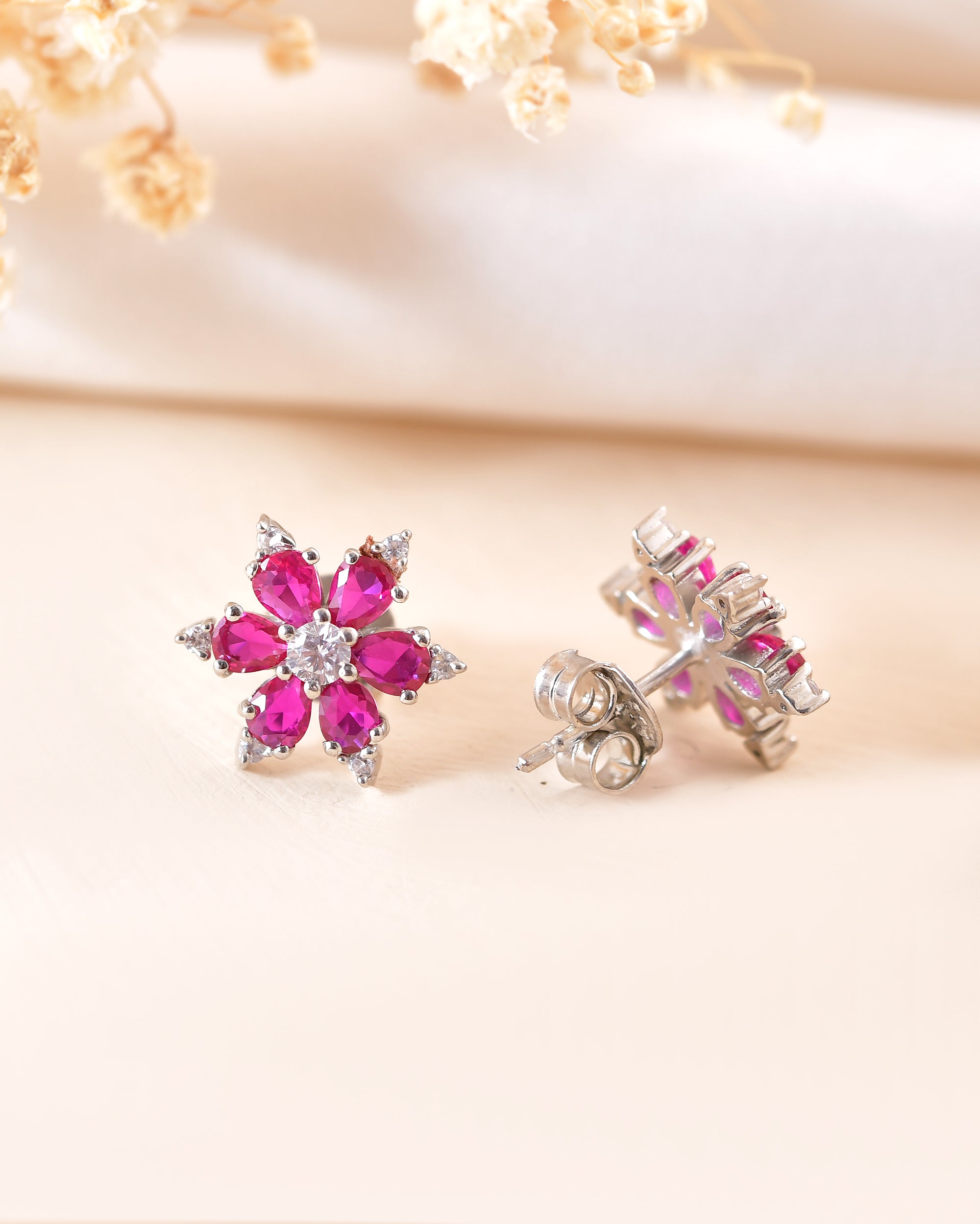 Pink Blossom 925 Silver Floral Stud Earring