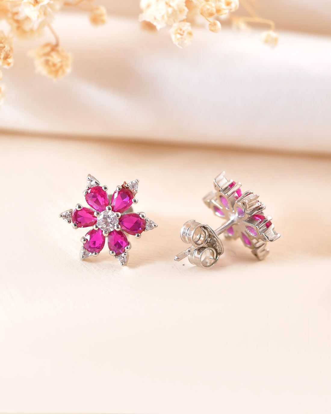 Pink Blossom 925 Silver Floral Stud Earring
