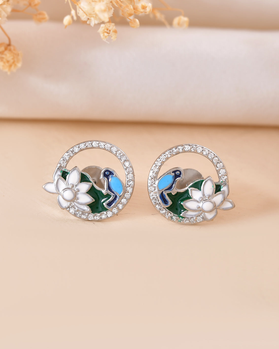 Blue Bird Floral Silver 925 Stud Earring