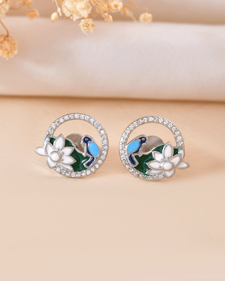 Blue Bird Floral Silver 925 Stud Earring