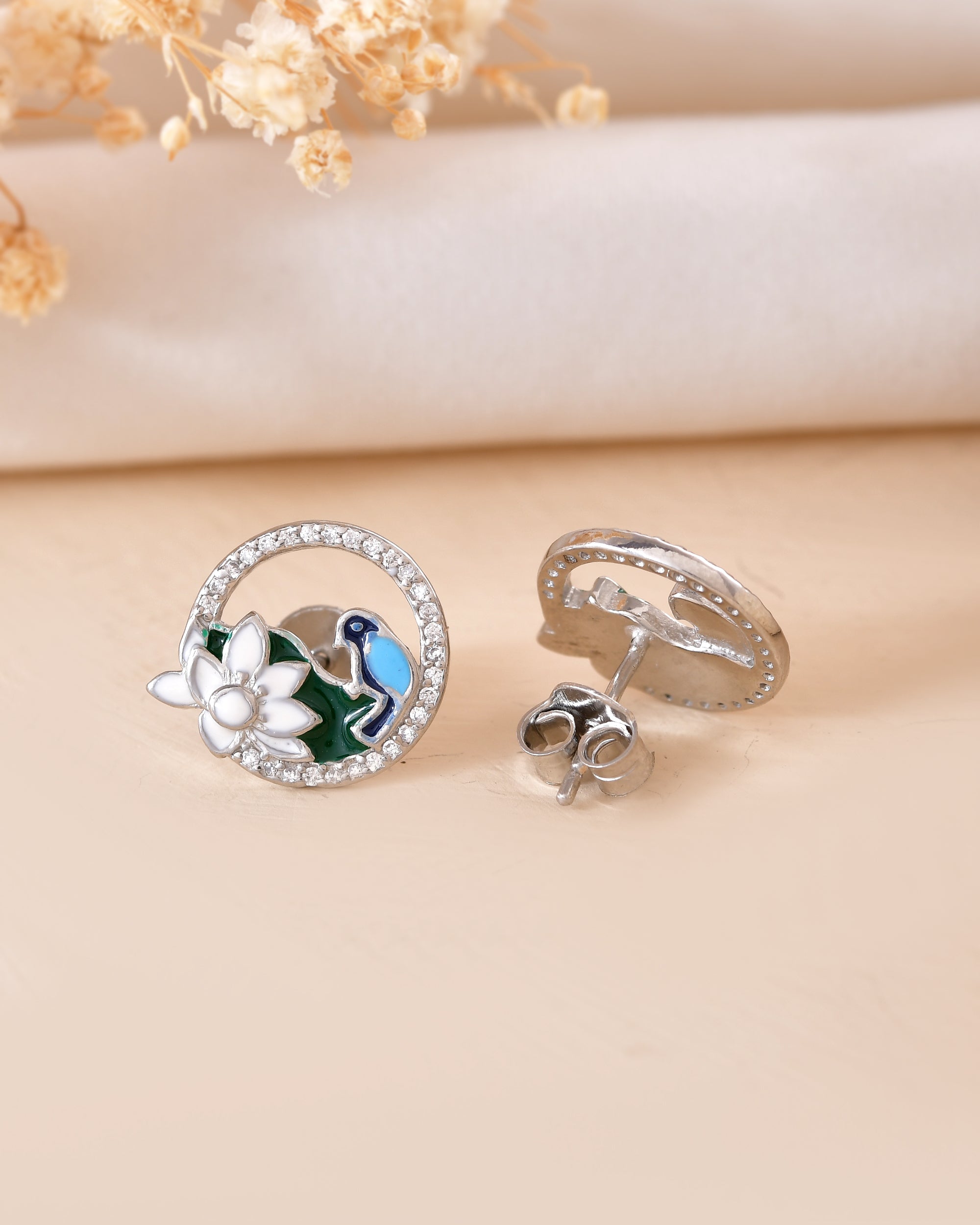 Blue Bird Floral Silver 925 Stud Earring