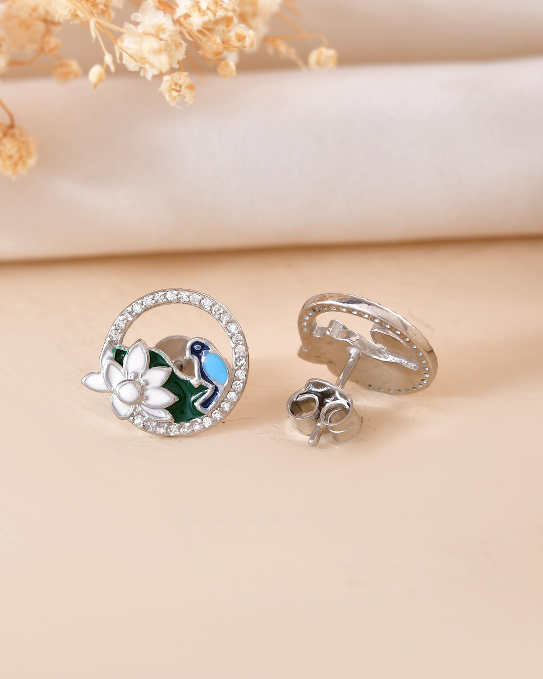 Blue Bird Floral Silver 925 Stud Earring