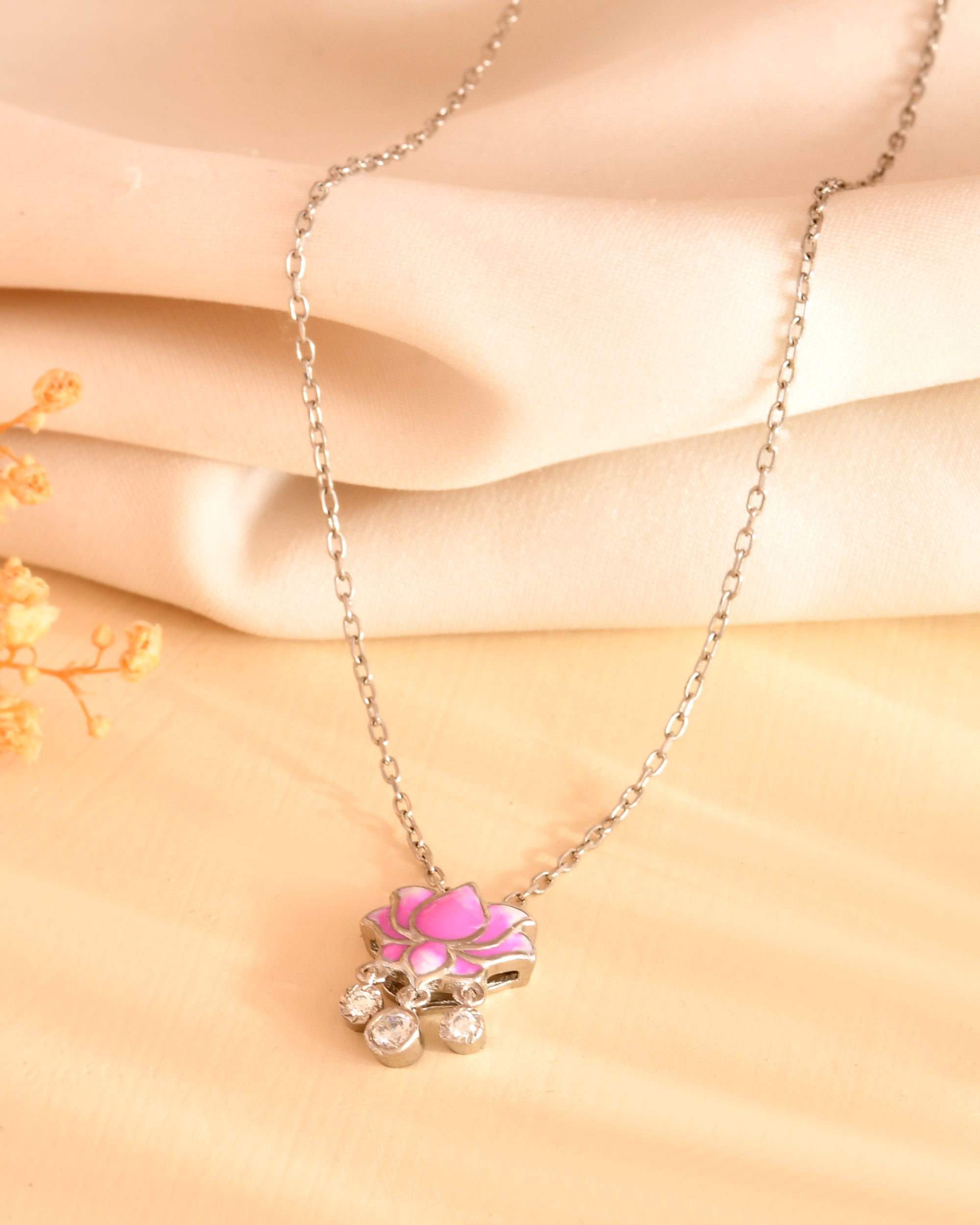 Lotus Enamel Sterling Silver Chain Pendant Set