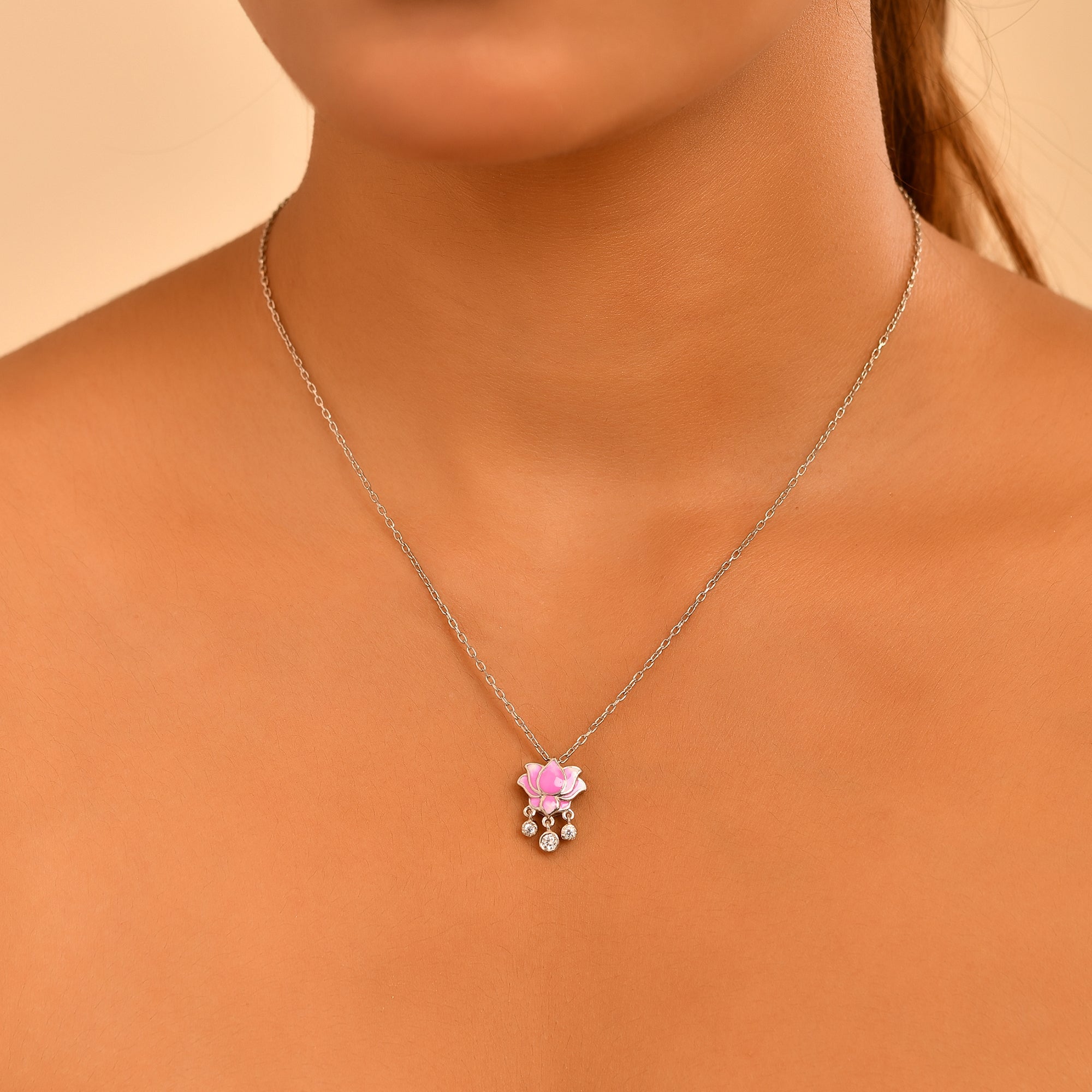 Lotus Enamel Sterling Silver Chain Pendant Set