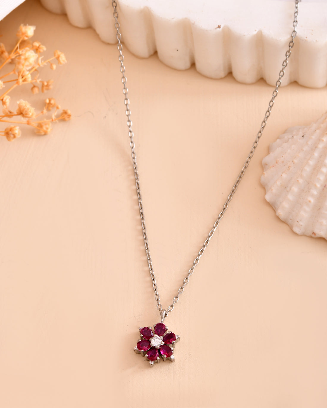 Pink Floral 925 Sterling Silver Chain Pendant