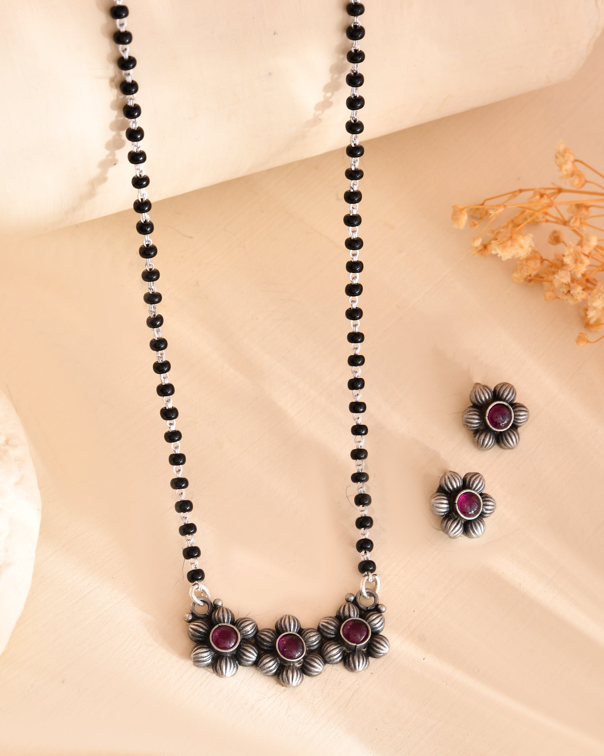 Aarohi Pink Floral 925 Sterling Silver Oxidised Mangalsutra Set