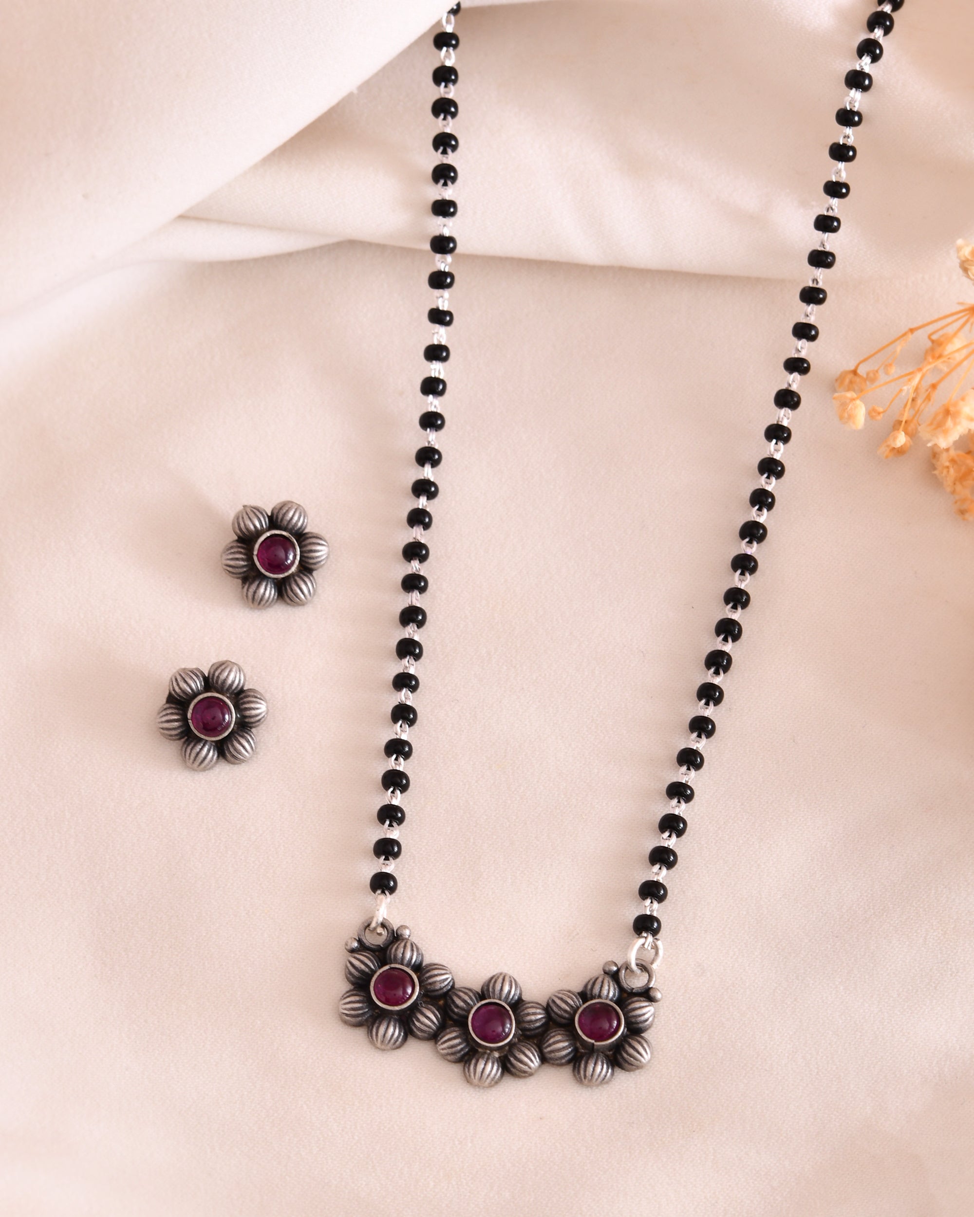 Aarohi Pink Floral 925 Sterling Silver Oxidised Mangalsutra Set