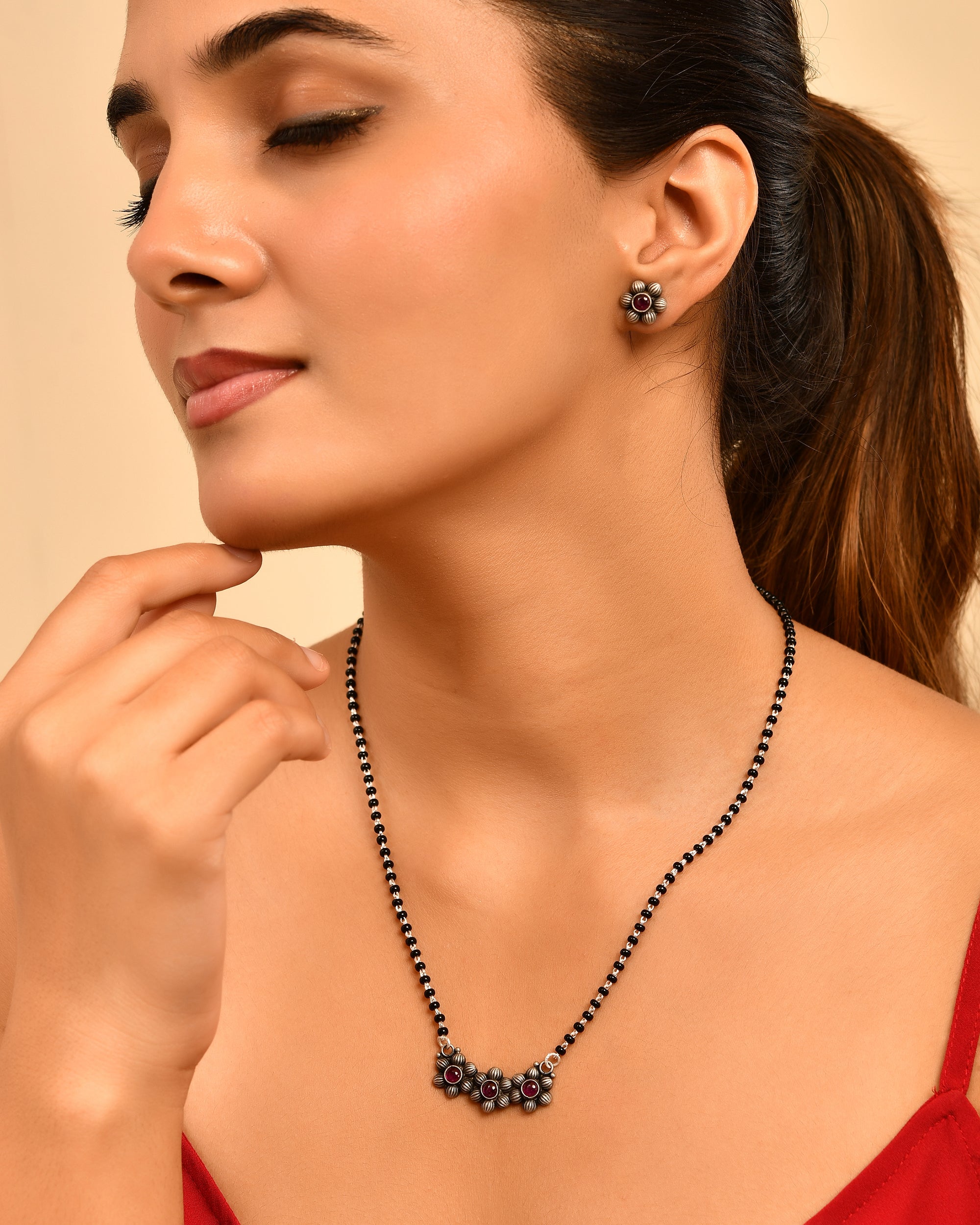 Aarohi Pink Floral 925 Sterling Silver Oxidised Mangalsutra Set