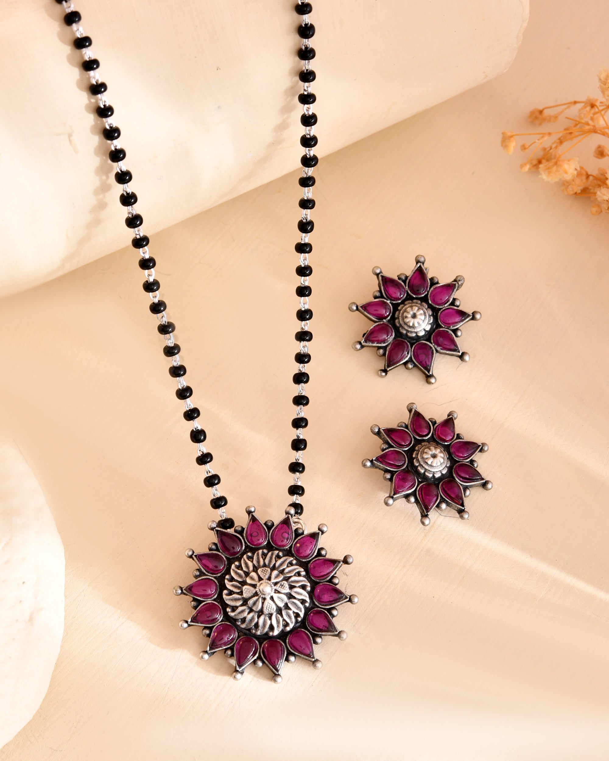 Meera Pink Stone 925 Sterling Silver Oxidised Mangalsutra Set