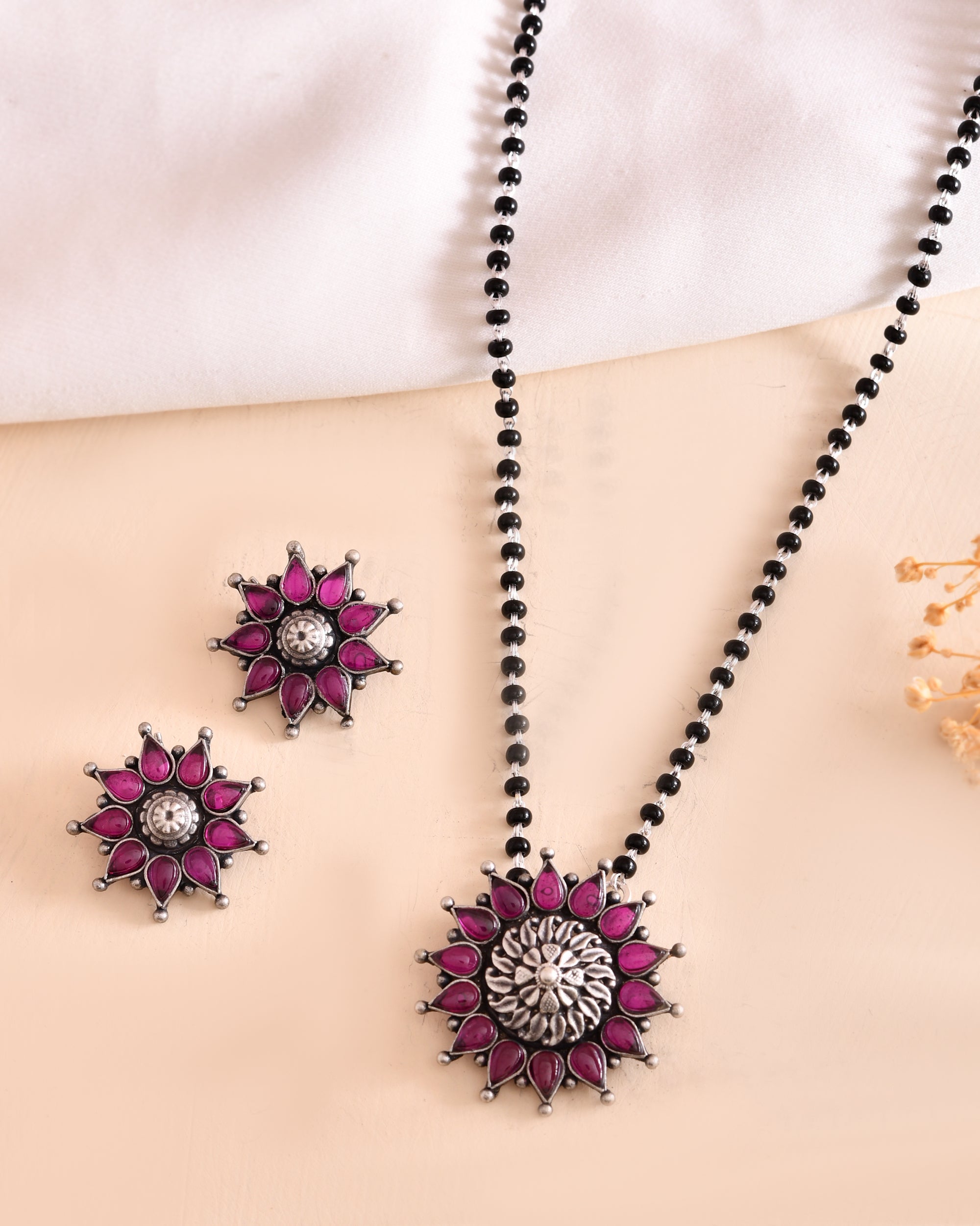 Meera Pink Stone 925 Sterling Silver Oxidised Mangalsutra Set