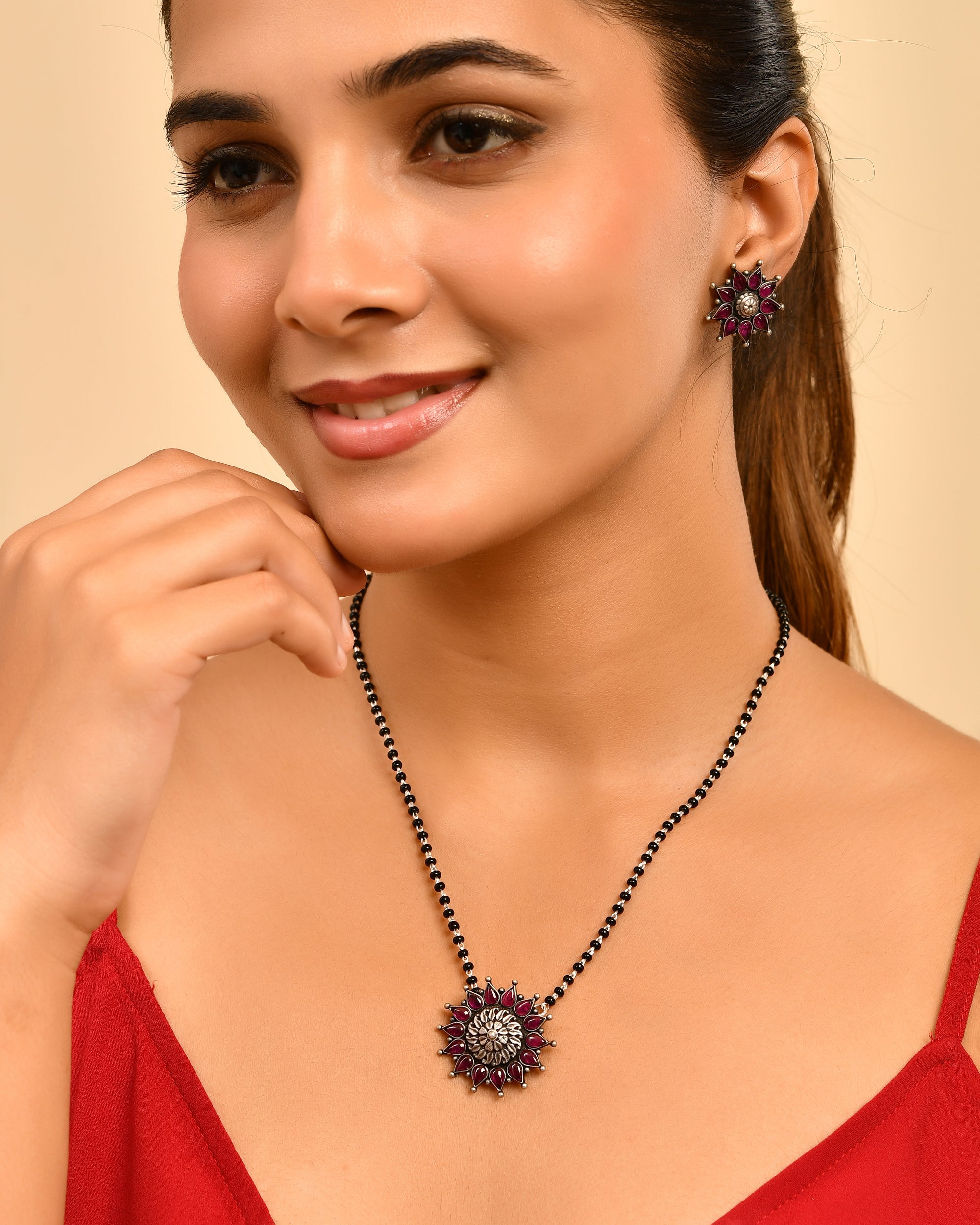 Meera Pink Stone 925 Sterling Silver Oxidised Mangalsutra Set