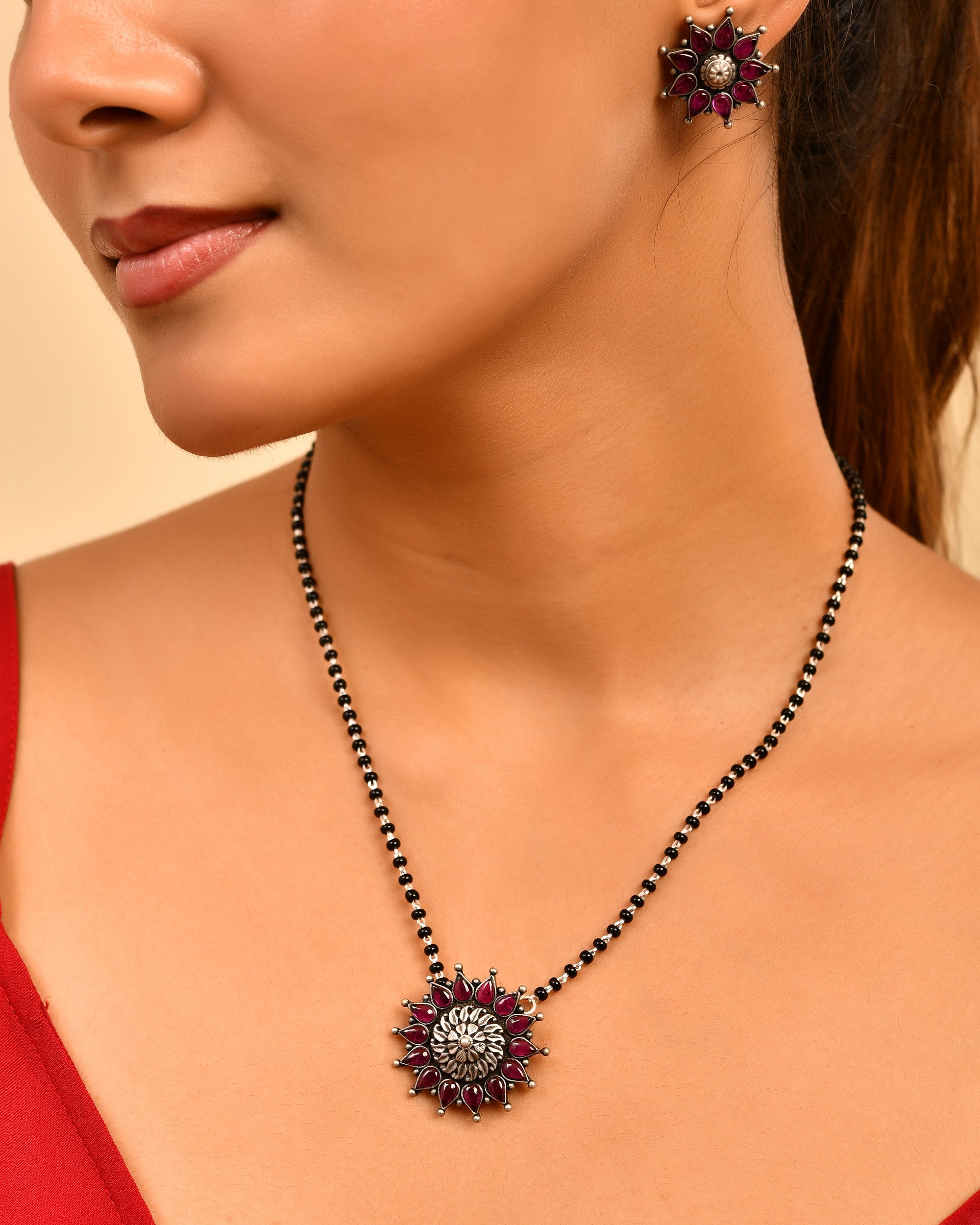 Meera Pink Stone 925 Sterling Silver Oxidised Mangalsutra Set