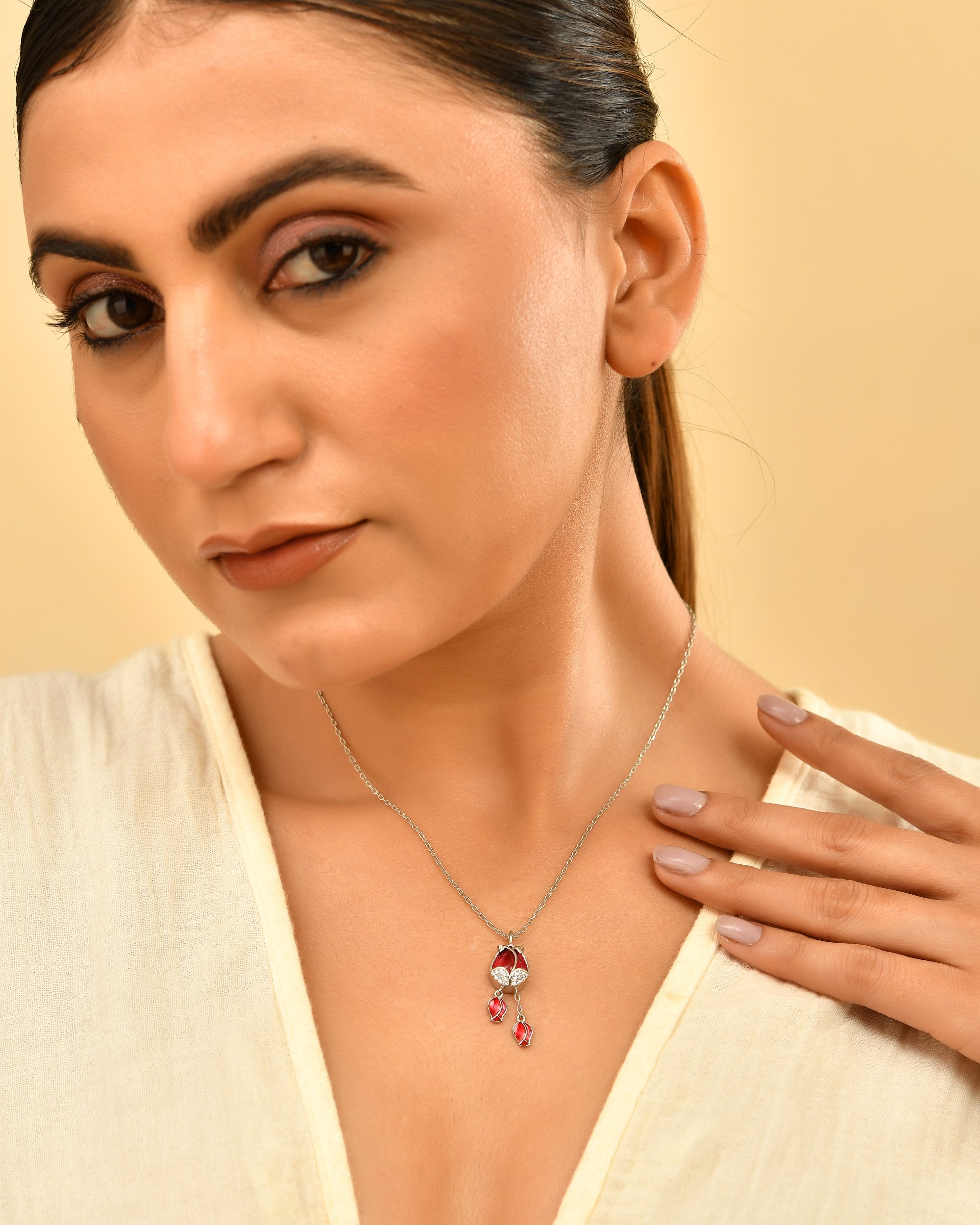 Rich Crimson Red Enamel Silver 925 Chain Pendant