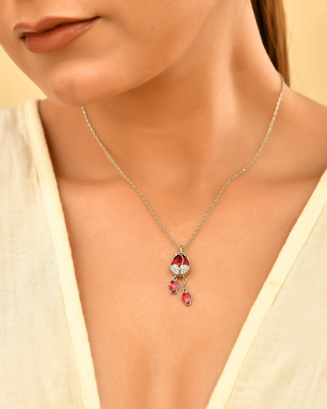 Rich Crimson Red Enamel Silver 925 Chain Pendant