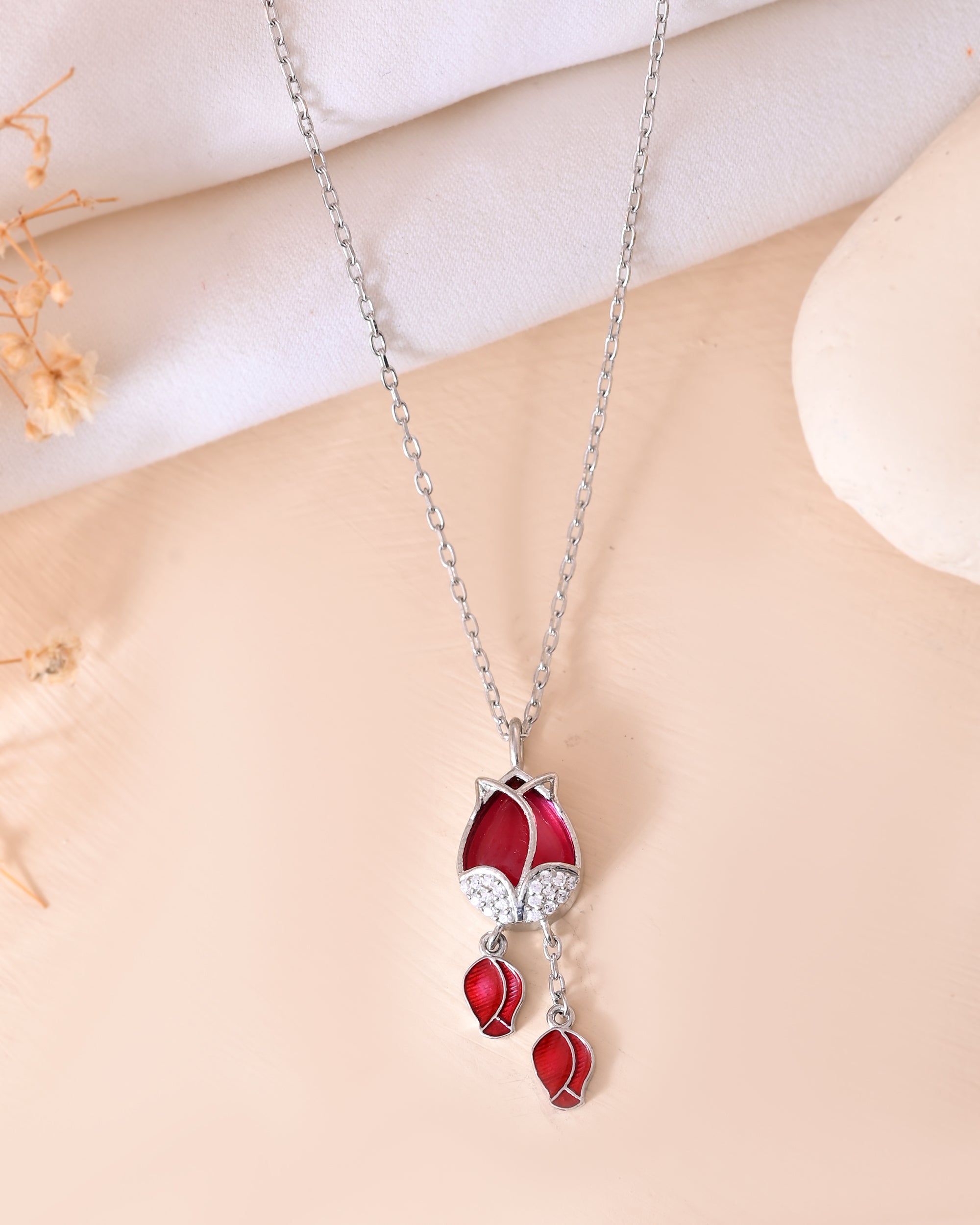 Rich Crimson Red Enamel Silver 925 Chain Pendant