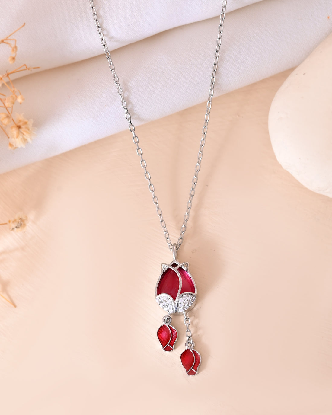 Rich Crimson Red Enamel Silver 925 Chain Pendant