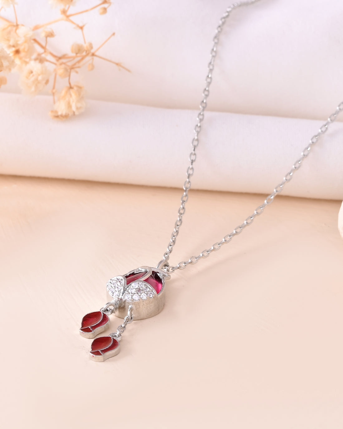 Rich Crimson Red Enamel Silver 925 Chain Pendant