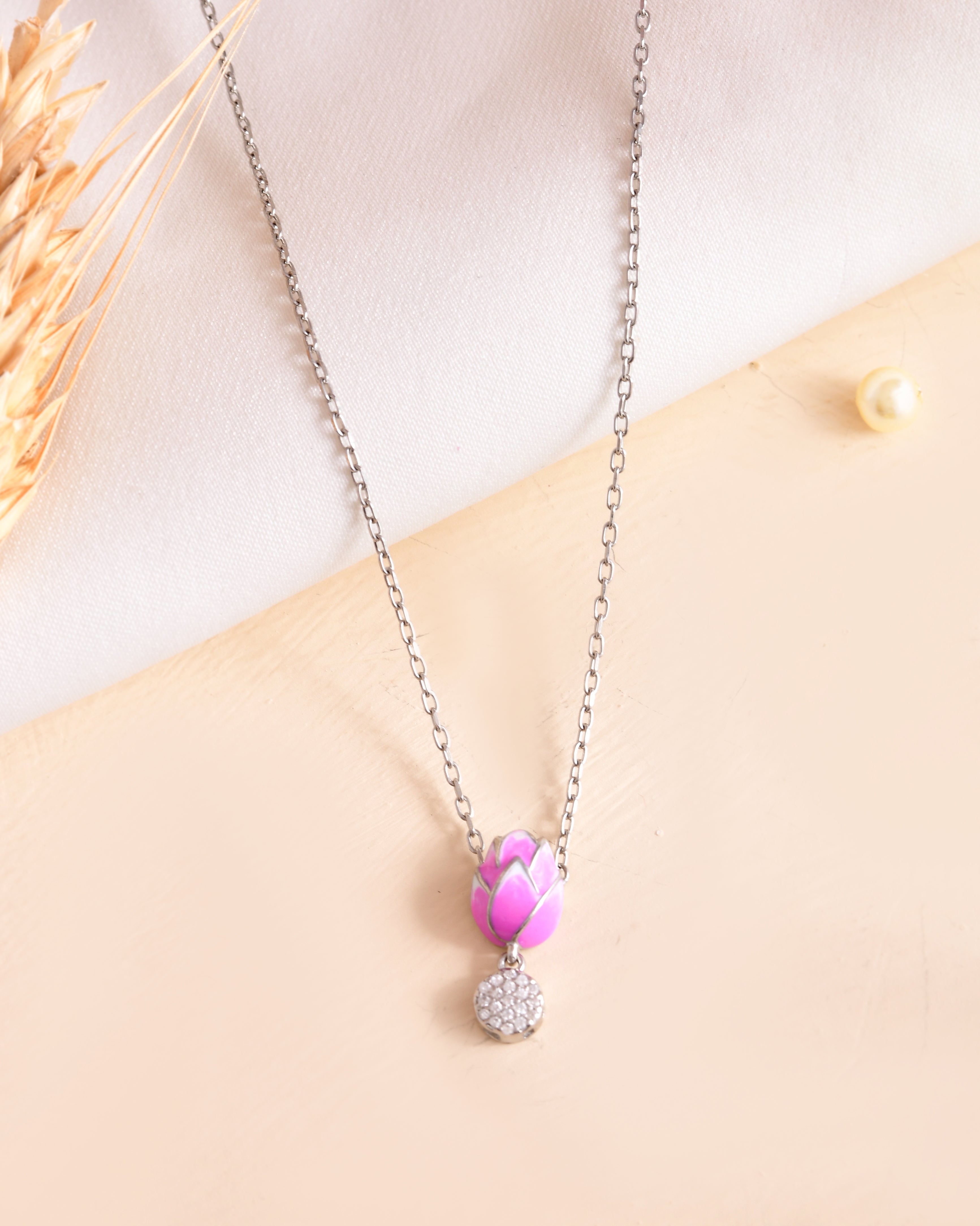 Lotus Bloom Enamel Sterling Silver Chain Pendant