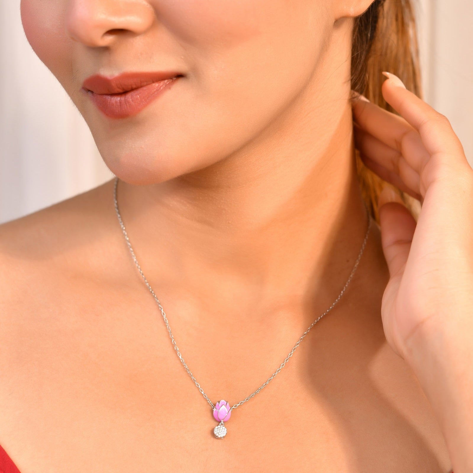 Lotus Bloom Enamel Sterling Silver Chain Pendant