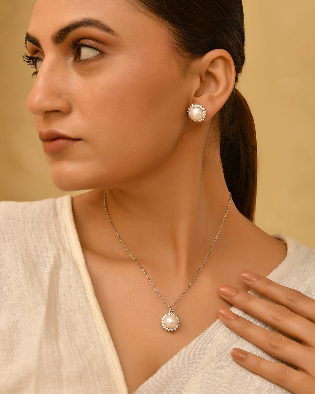 Luna Drop Sterling Silver Pearl Pendant Set