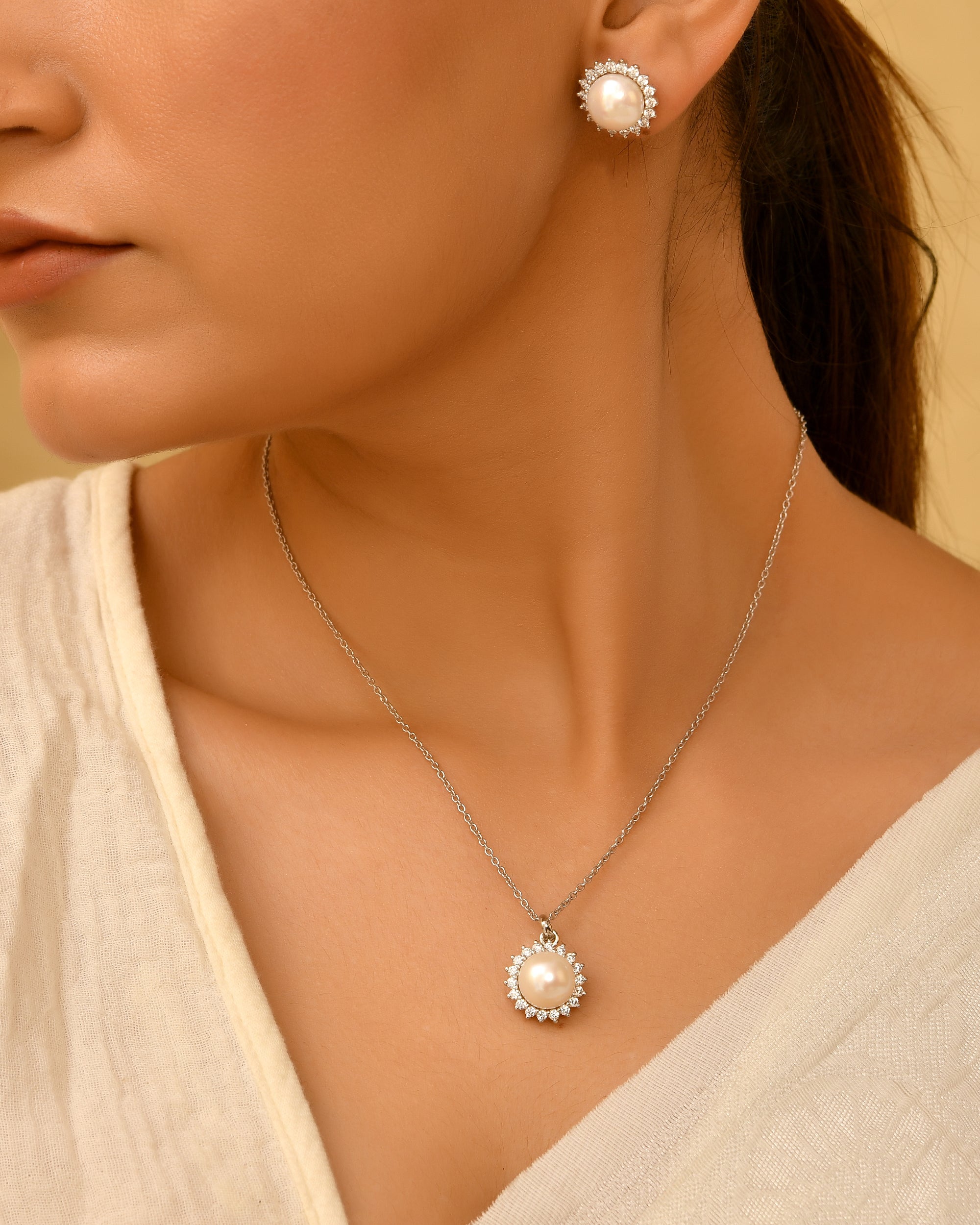 Luna Drop Sterling Silver Pearl Pendant Set