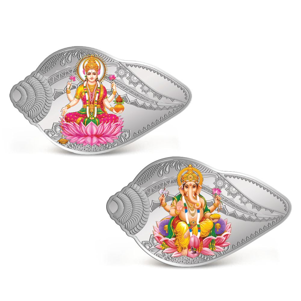 (999.9+) Purest 50 gm Shankh Shape Ganesh Laxmi Coin, Set of (25.0 gms x 2)